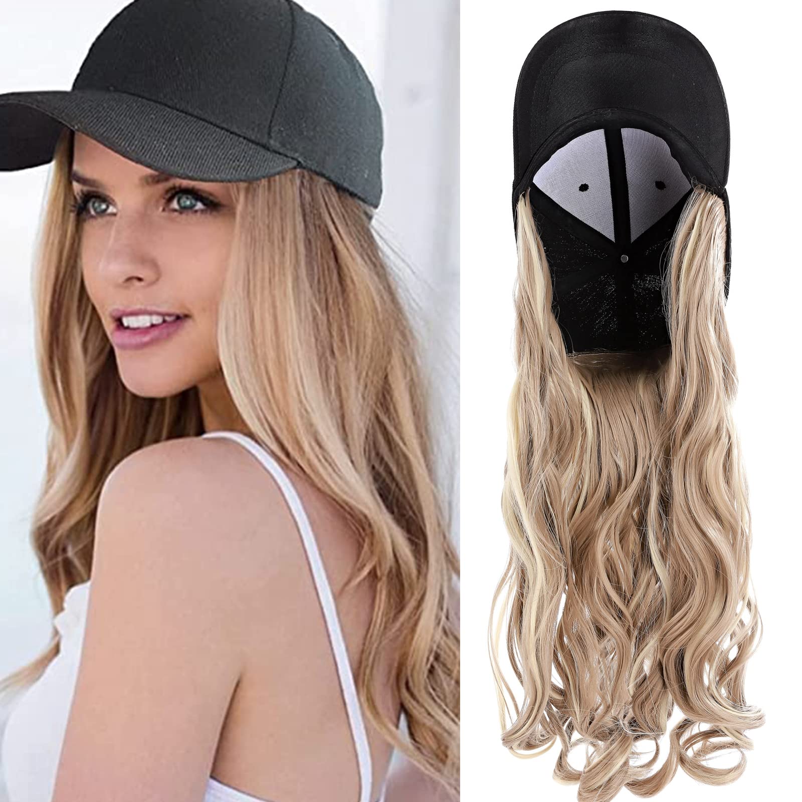 S-noilite 16" Baseball Cap with Hair Baseball Hats with Hair Attached Curly Wavy Cap Wig with Hair Extensions Adjustable Culry Baseball Hat Wig for Women (16" -Curly, Sandy Blonde & Bleach Blonde)