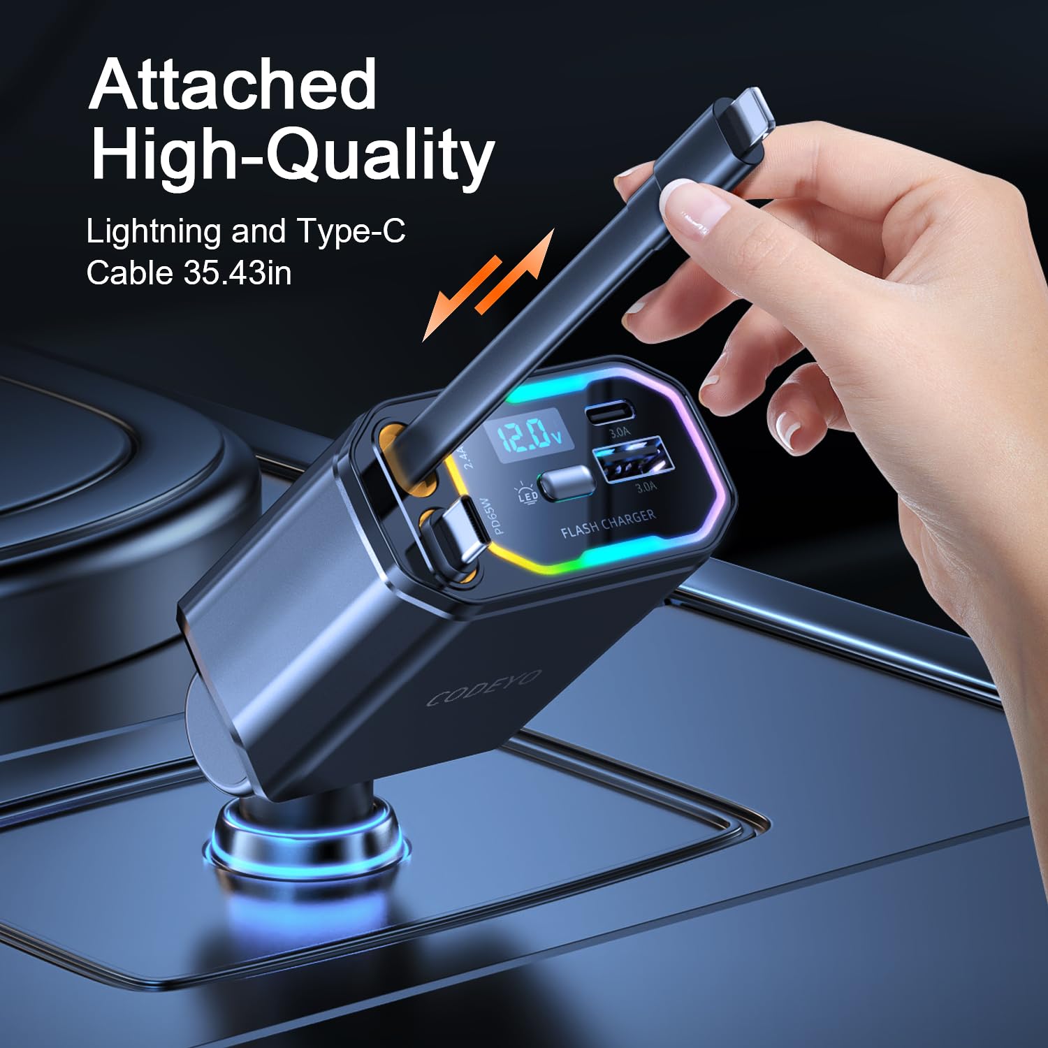 107W 4 in 1 Retrattile Caricatore Auto, Caricabatterie Telefono Auto Veloce, Ricarica Rapida PD 65 W, Adattatore Caricabatterie Auto per iPhone 16/15/14/13/12/11, Galaxy, Pixel, notebook USB-C