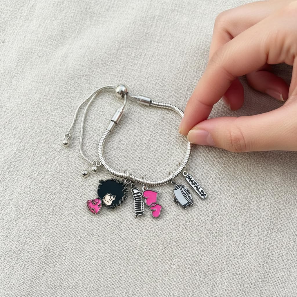 Pulsera con Charms Mafalda Despeinada - Licencia Oficial Quino, Rosa, Acero Inoxidable, Estilo Serpiente, Talla Única