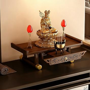 Wall mounted/desktop buddhist altar,Guan Gong Guanyin Pooja Statue Display Cabinet,Household Shrine Meditation Table for Pooja and Incense TributeUpgraded tabletop,Large