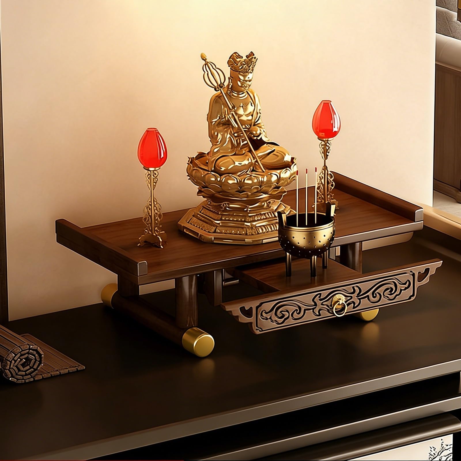 JNTFNE Wall mounted/desktop buddhist altar，Guan Gong Guanyin Pooja Statue Display Cabinet，Household Shrine Meditation Table for and Incense Tribute(Upgraded tabletop,Large)