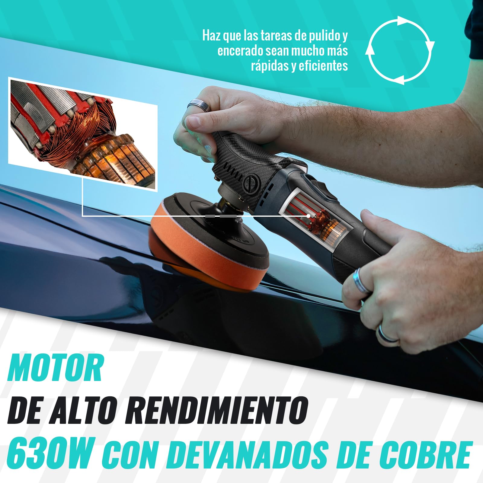 AUTIWOZ Mini Pulidora Automotriz de 630W, 6 Velocidades Variables 2500-4500 rpm, Asa Lateral, Almohadillas/Disco de Lana/Papel Abrasivo de 100mm/125mm, para Pulido de Vehículos