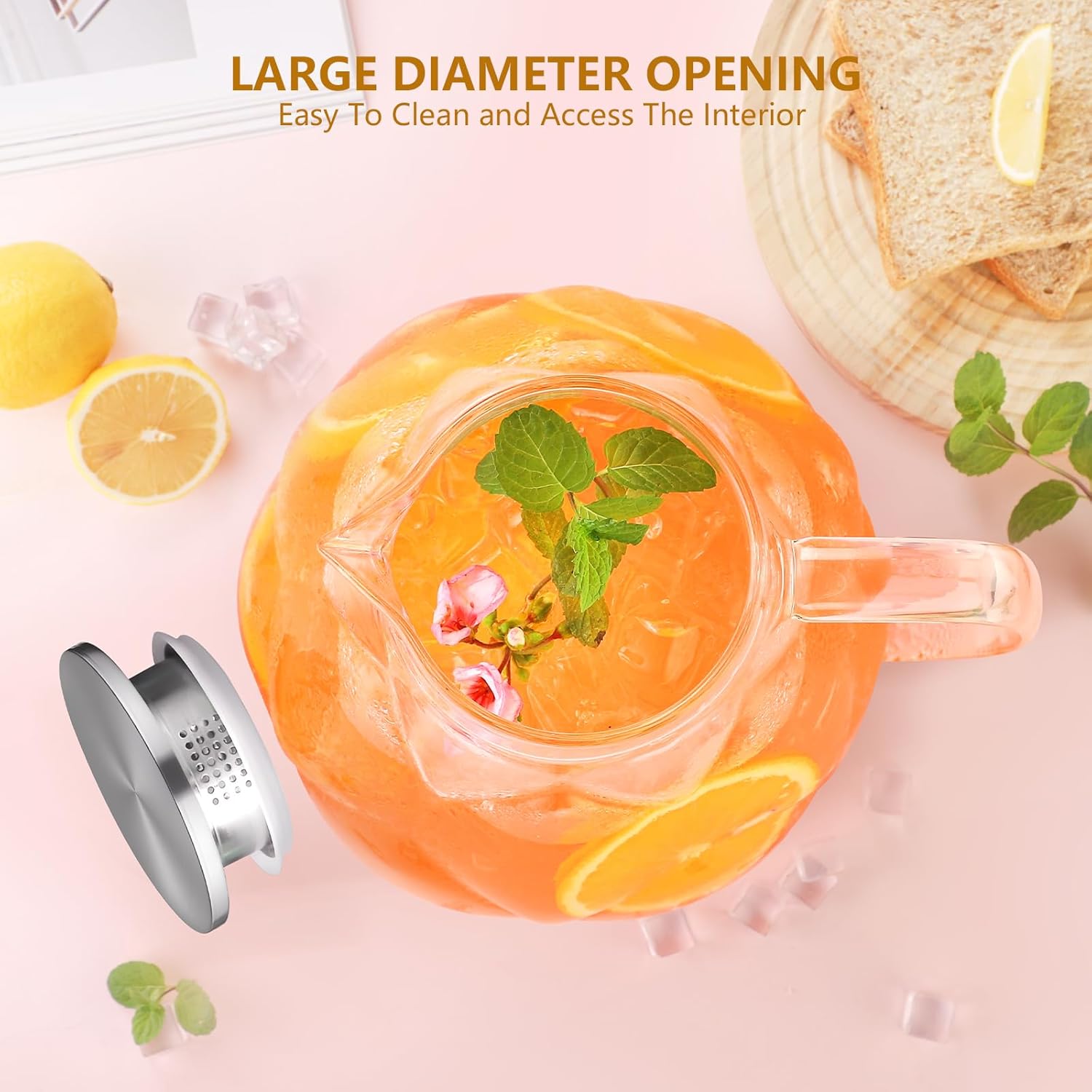 Glass Pitcher With Lid, 102oz Unique Petal Design, Stainless Steel Large Iced Tea Pitcher, Easy To Clean Lightweight Borosilicate Glass For Cold And Hot Beverages - Image 4