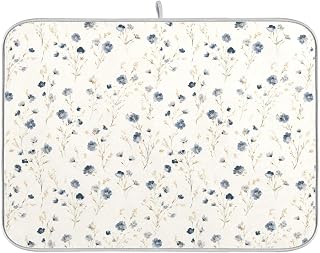 Blue Flower White Dish Drying Mat Absorbent Microfiber Dish Drying Pad Drainer Mats for Kitchen Counter 16 x 18 In