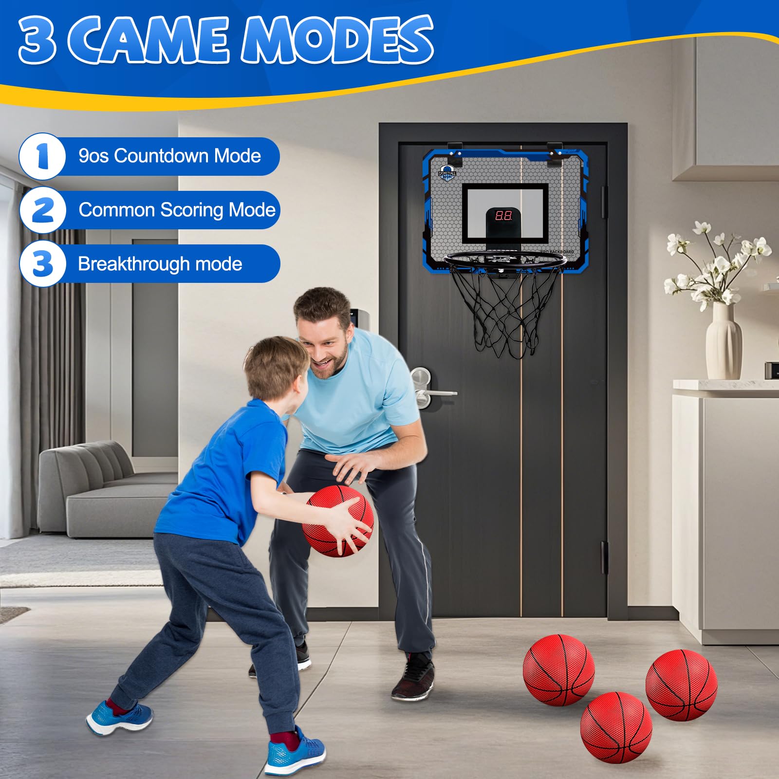 Canasta Baloncesto Infantil,Mini Canasta de Baloncesto Interior,con puntuación automática,4 Pelotas,2 Redes,Aro Baloncestos Interior Exterior Pared para de 5 6 7 8 9 10 11 niños niñas（Azul）