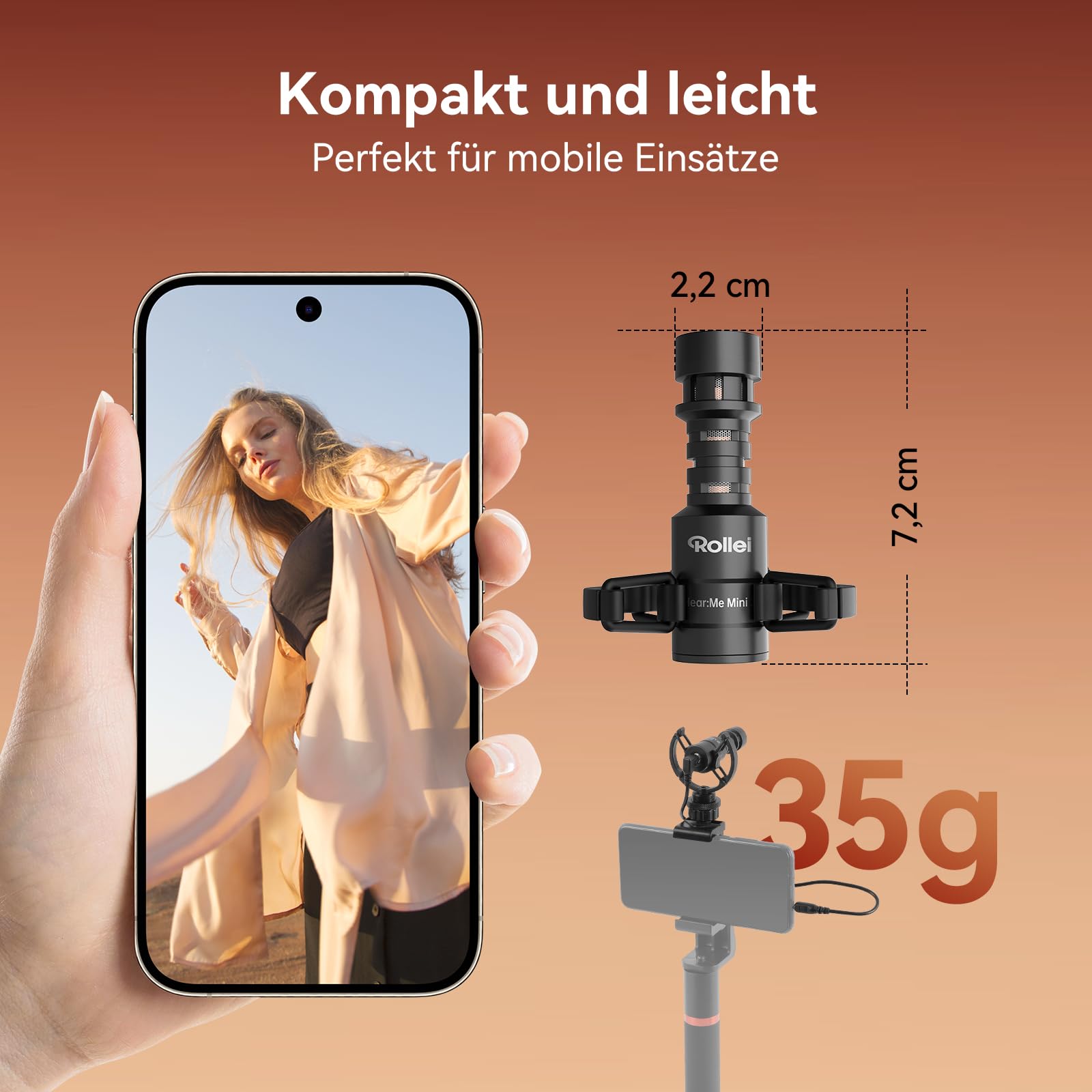 Rollei Hear:Me Mini 2 Richtmikrofon für Kamera und Handy Professionelle, Video Shotgun Externe Mic Cardioid Polar Pattern, Kleine Mikrofone für Streaming Tiktok YouTube, Kamera-Handy-Mikrofon-Video