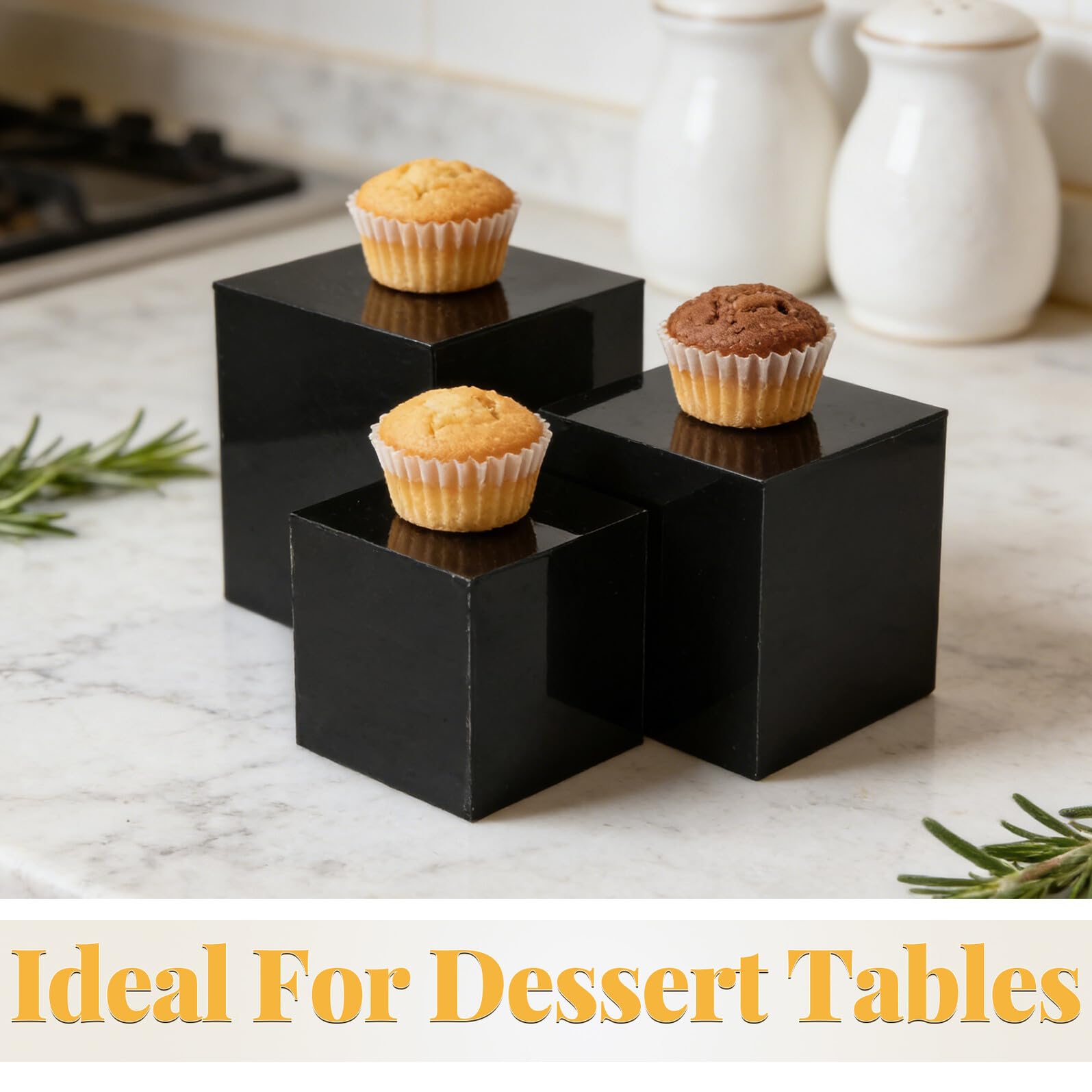 NUOBESTY 3 Pezzi Supporti Espositivi a Cubo in Acrilico Nero Set da 3, Piedistalli Cubici Impilabili 10-15 Cm per Buffet Self-service, Esposizione Collezioni e Negozi al Dettaglio