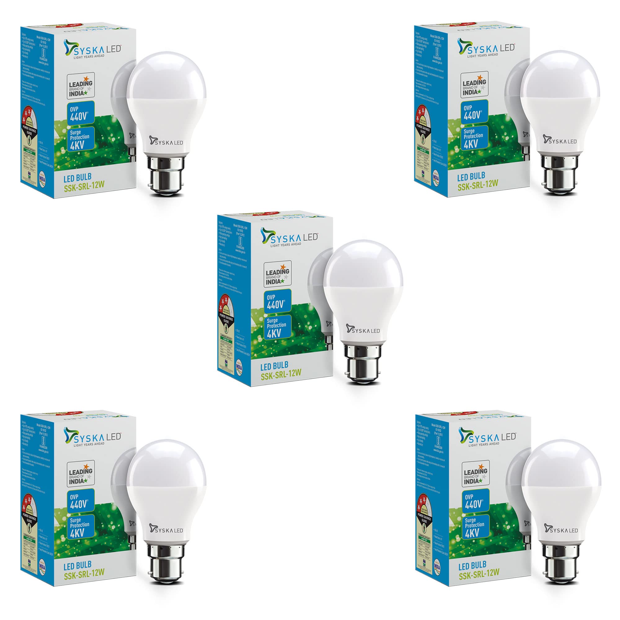 SYSKA SSK-SRL-12W-Base B22 12-Watt Unbreakable,25000 Hr Life Span LED Bulb (Pack of 5, Cool Day Light)