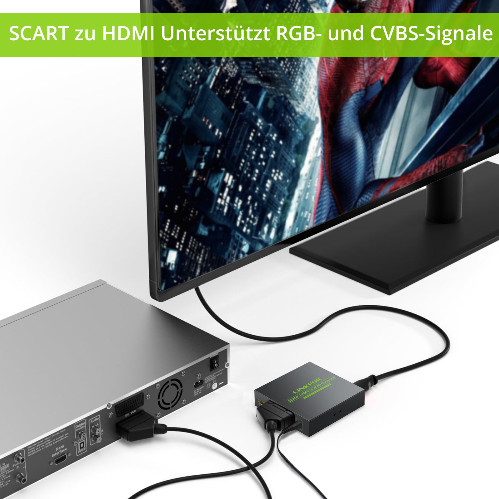 LiNKFOR Scart zu HDMI 720p/1080p Konverter mit 3,5 mm Kopfhörer und SPDIF-Stereo-Audio NTSC und PAL kompatibel für HDTV STB PS3 PS4 Sky Blu-Ray DVD mit Adapter