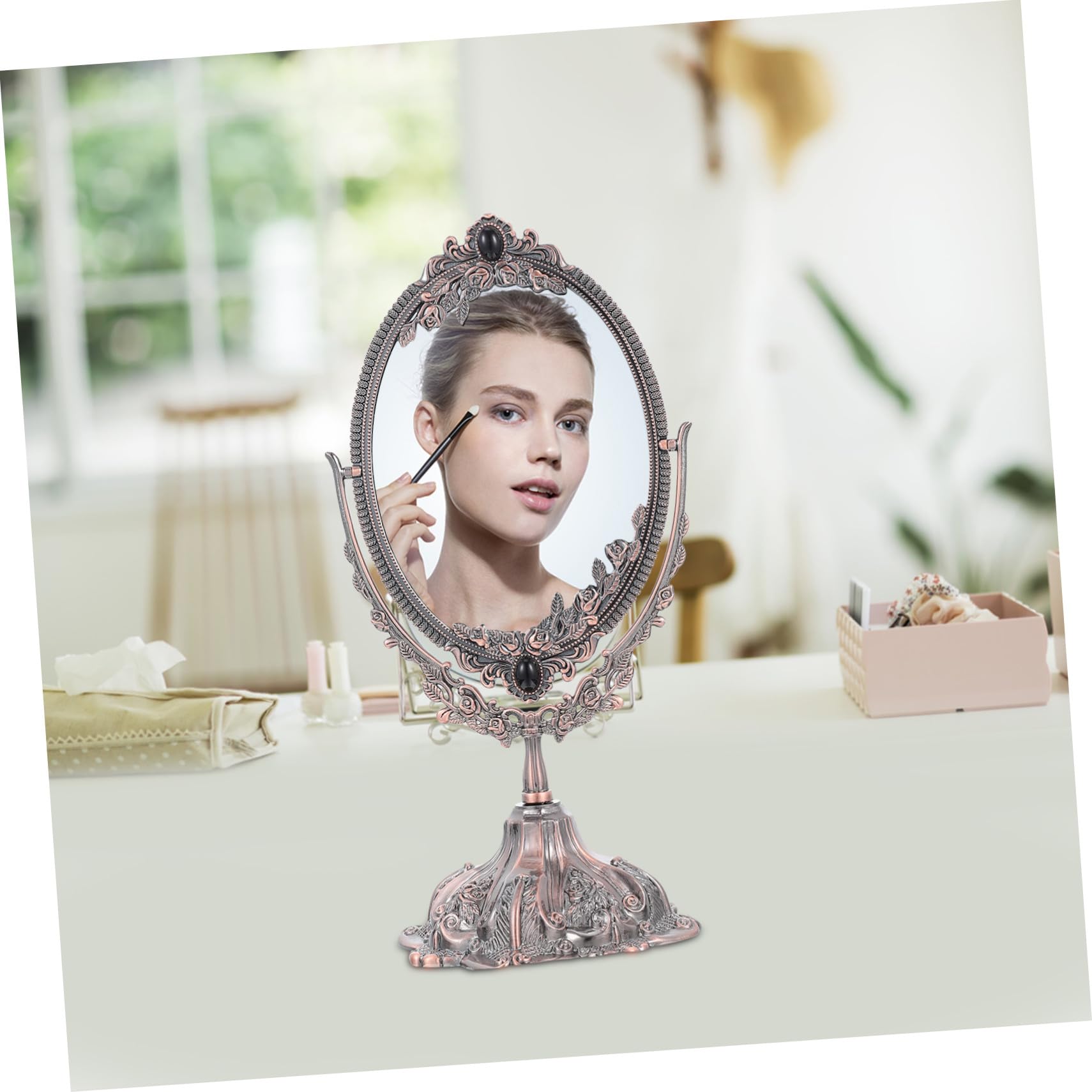 Doppelseitiger Tisch Kosmetikspiegel aus Zinklegierung im Europäischen Stil | Drehbar, Flacher Standfuß, Geeignet für Make Up und Hochzeit, Klare Spiegelung, Elegante Ausführung