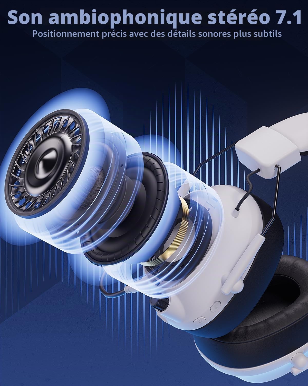 Mytrix Tac Master Casque de jeu sans fil 2,4 GHz avec microphone antibruit pour PC, PS4, PS5, Mac, casque de jeu Bluetooth 5.3 avec lumière RVB, son surround, batterie 50H (blanc)