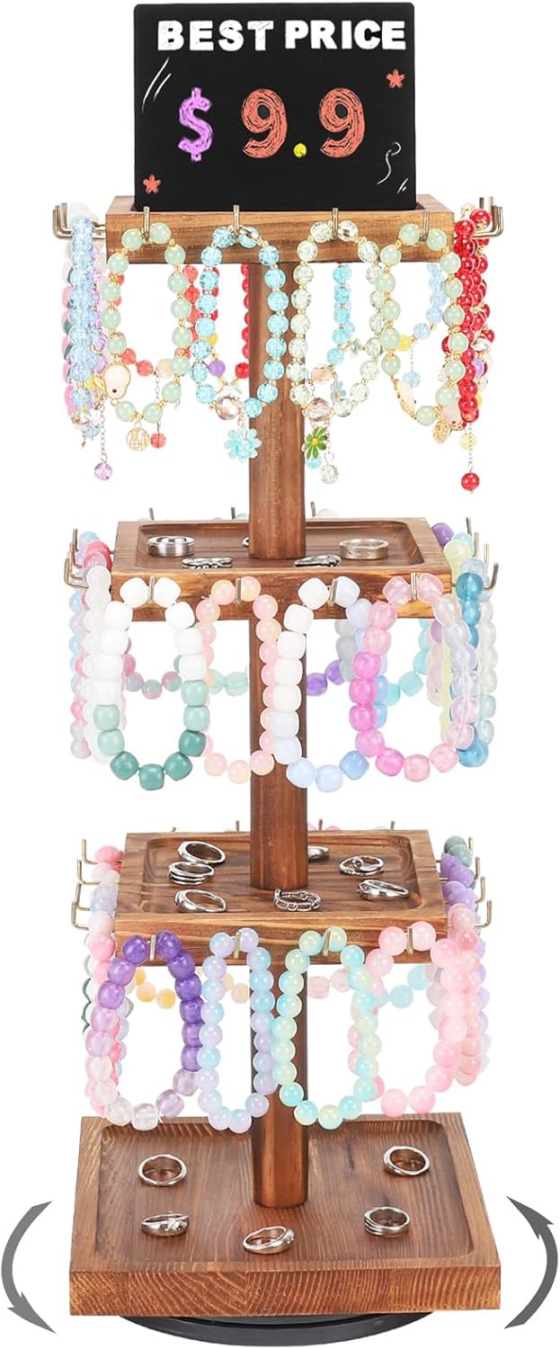 BDBDYEAY Bracelet Holder, 360° Rotating Jewelry Holder Organzier with Tray, Wooden Jewelry Tower with 48 Hooks, 4-Tier Large Capacity Jewelry Display Stand for Vendors Sell Bracelet Keychain Earring