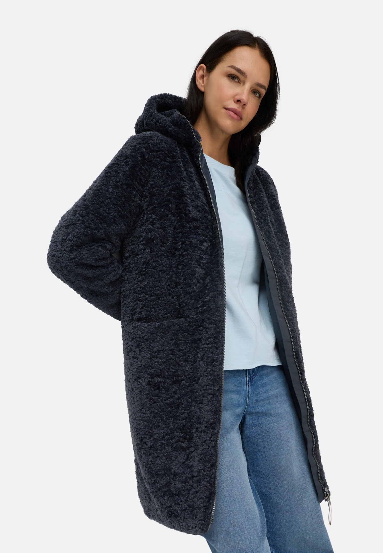 camel active Damen Teddyfell Mantel lang mit Frontzipper & Kapuze