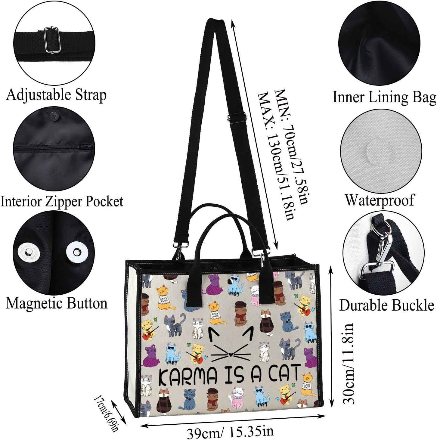 JXGZSO Karma Is A Cat Tote Bag Music Albums As Cat Gift For Fans