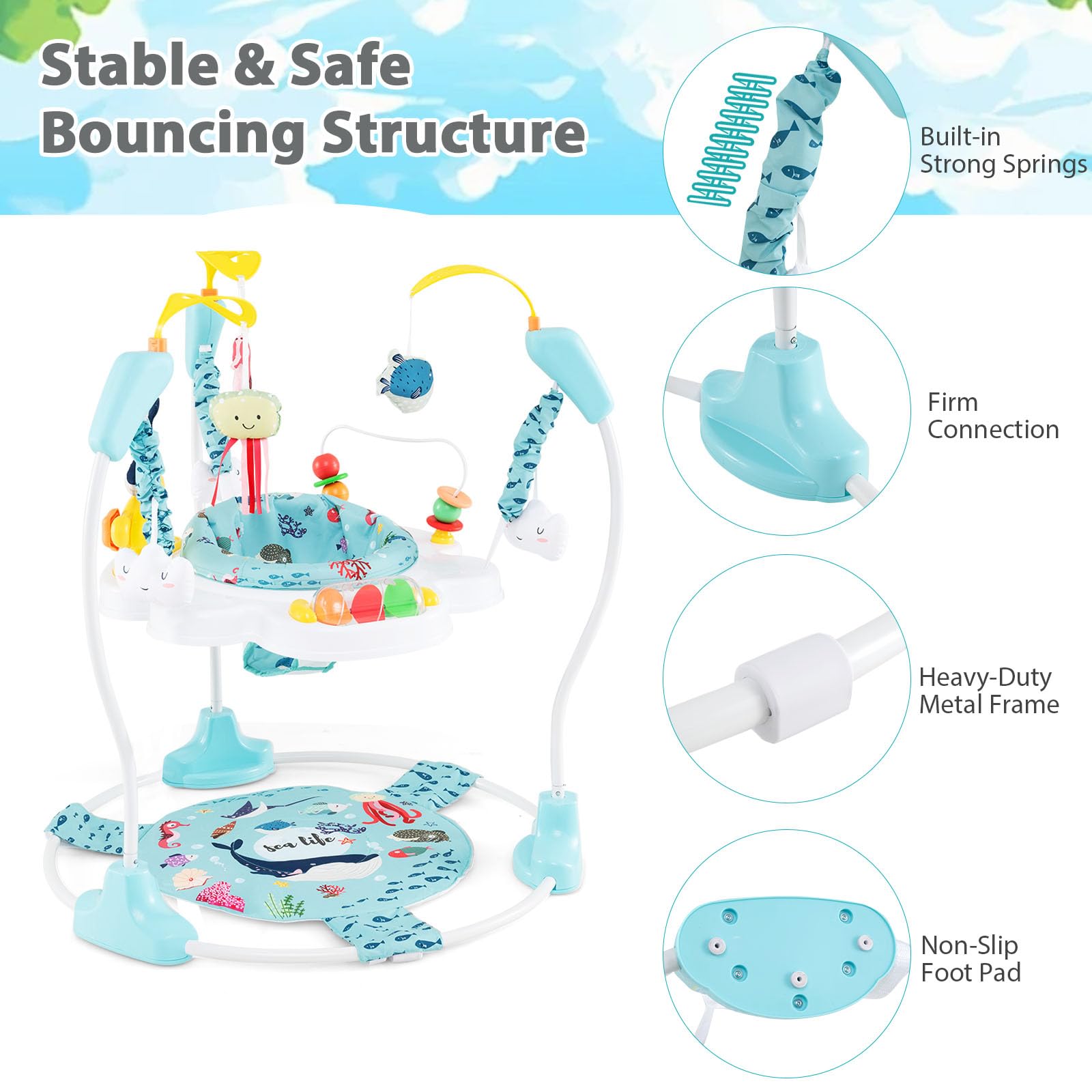 LIFEZEAL Jumperoo Bebe avec Siège Pivotant 360° & Amovible, Sauteur Bébé Hauteur Réglable 3 Niveaux, Centre Jeux, Lumière & Musique, 9 Jouets, Charge 12 kg, Base d'activité et d'éveil (Bleu Clair)