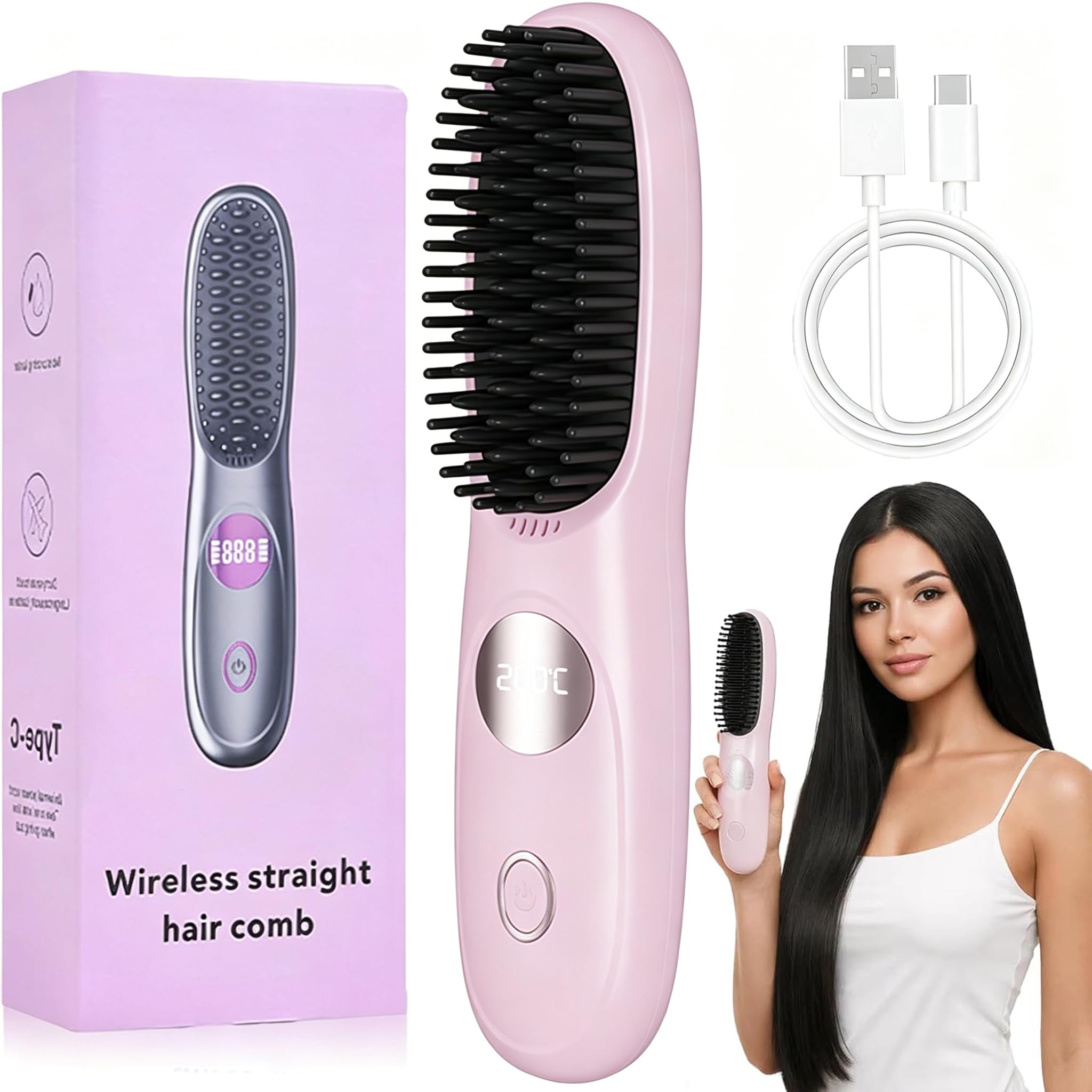 STRUKTURPASTE Stylingbürste für Kurze Haare,Glättbürste Kabellos mit LED Anzeige,Glättungskamm verhindert Haarziehen,25s Schneller Keramikerwärmung,3 Wärmestufen für Reisen,Haarfreundliches