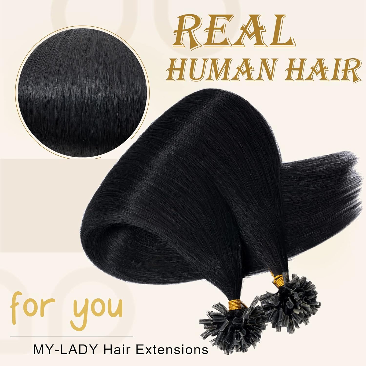MY-LADY K Tip Hair Extensions Real Human Hair Jet Black 20 Inch 50G 50Strands KTip U Tip Utip Keratin Bond Fusion Pre Bonded Straight Real Remy Hairpieces