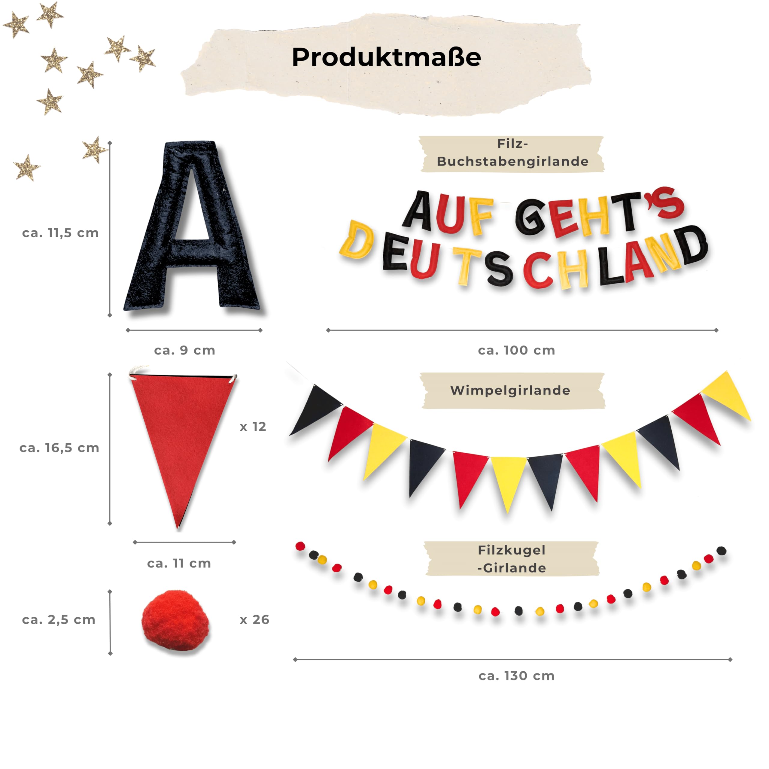 Auf geht’s Deutschland Fan Girlande aus Filz, 3-teiliges Fußball Deko Set | Vorgefädelt & sofort aufhängbar, mit Wimpelkette und Filzkugeln – Fußball PartyDeko für WM-Abend, Garten, Bar & Fanbereich