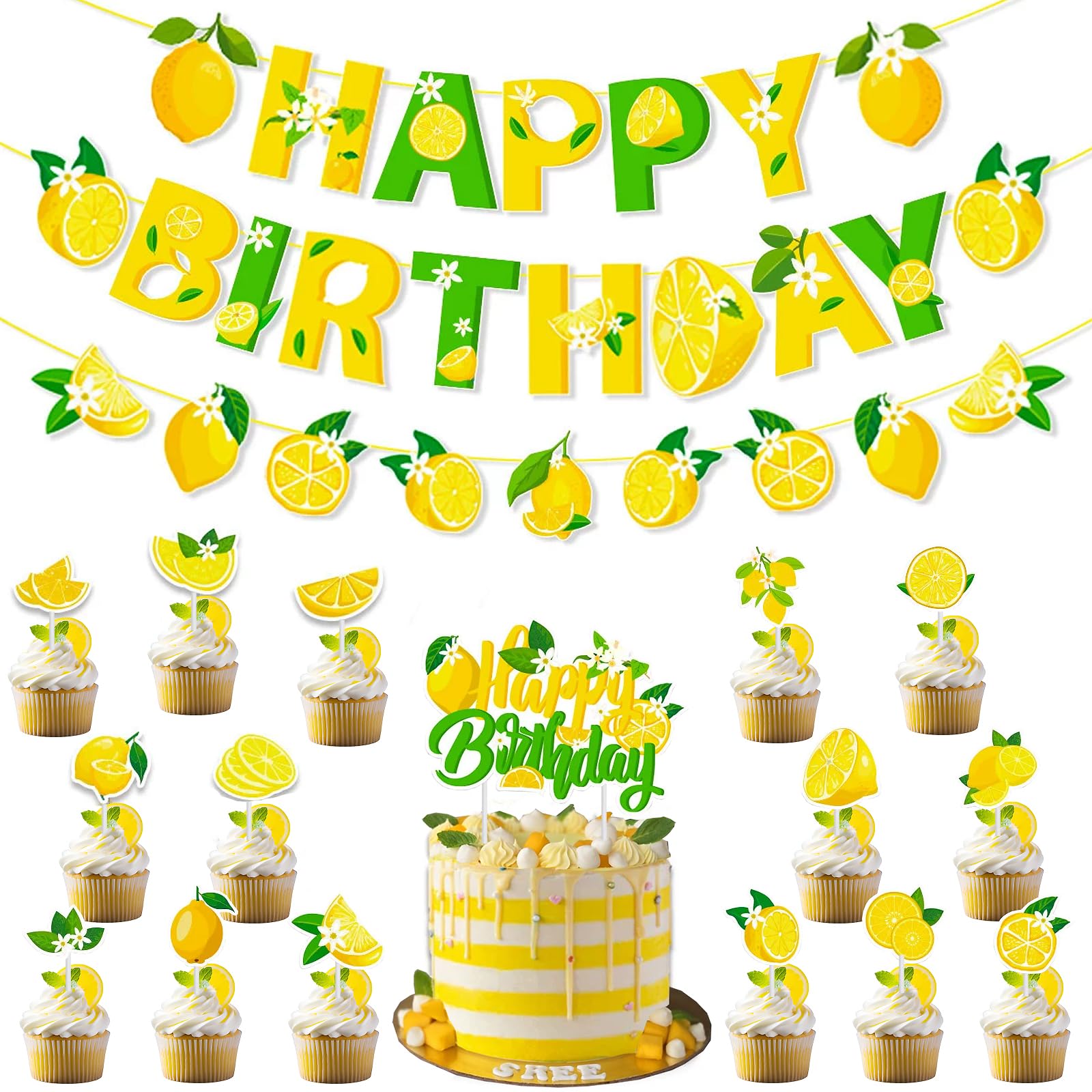 Silars Zitronen Tortendeko Geburtstag, 18 Stücke Tortenaufleger Zitronen Kuchen Deko, Includes Ein Kuchendekor und 15 Stück Cupcake-Dekore und 2 Stück Girlanden (Zitronen)