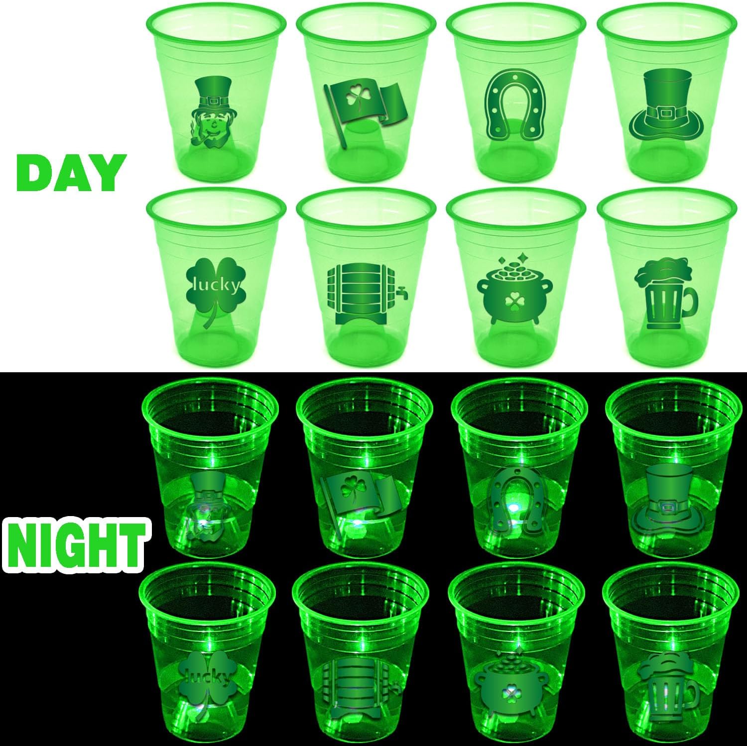 mishunyus 40 Pcs Glow St.Patrick's day Cups,St.Patrick's Day Party Supplies,Shamrock Party Cups for Party Decorations,Party Favors,for Nighttime,Indoor/Ourdoor Lucky St Patty's Day Party (16 oz)