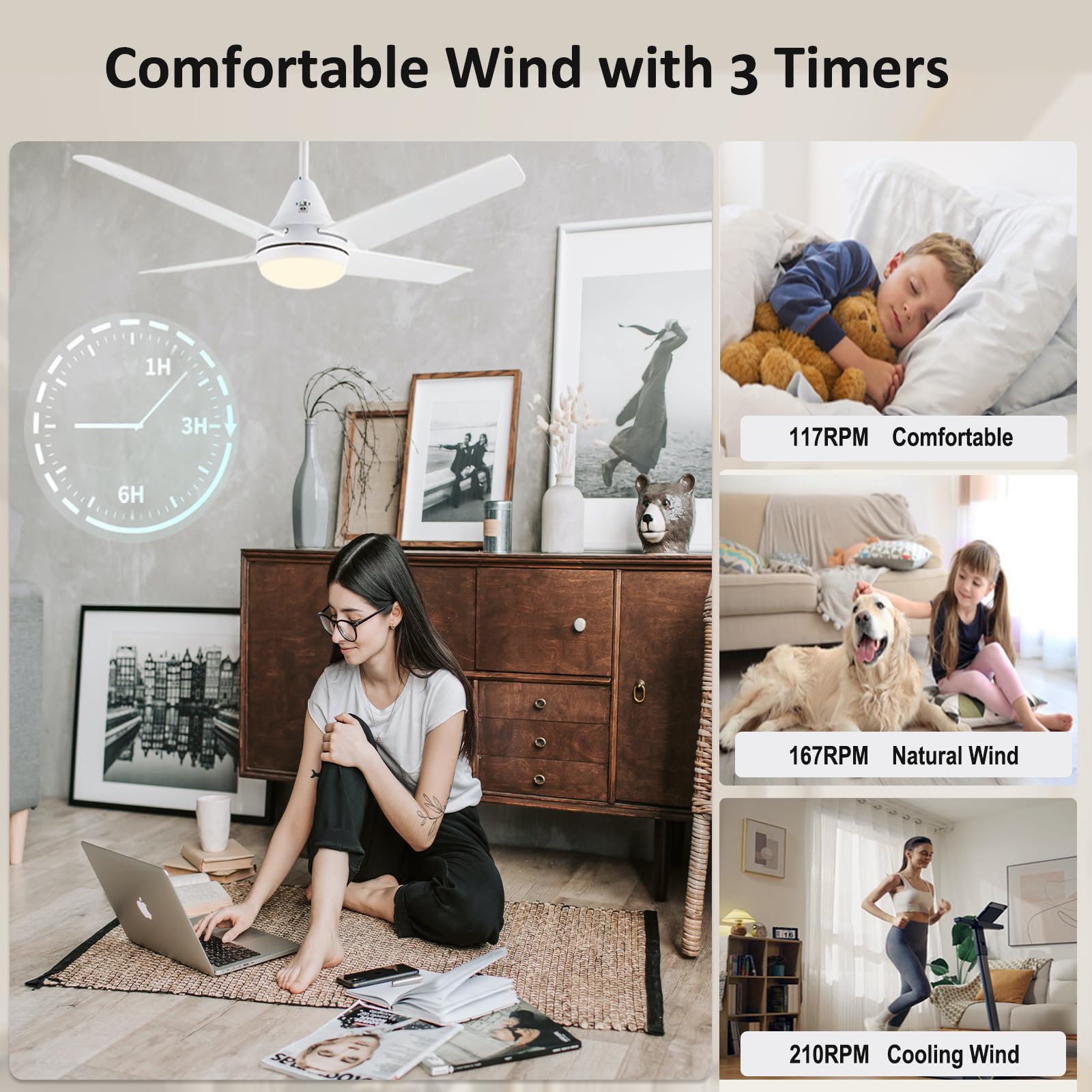 Newday Ventilatore da Soffitto Bianco, 122cm Ventilatori da Soffitto con Luce e Telecomando, Ventilatore da Soffitto con Lampadario Dimmerabile, Pala Ventilatore a Soffitto Silenzioso per Soggiorno