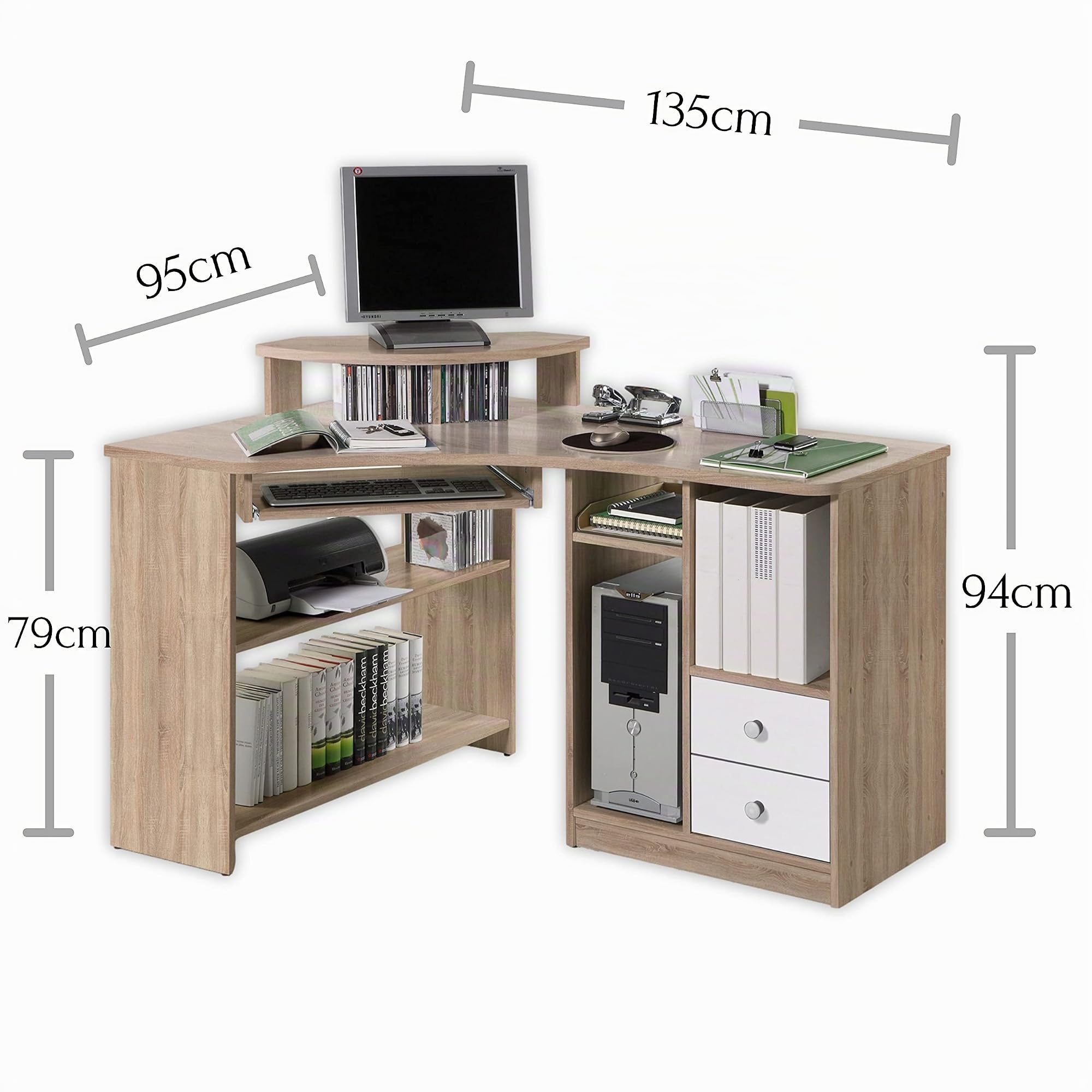 Stella Trading TANGA Eckschreibtisch mit Tastaturauszug & Aufsatz in Eiche Sonoma Optik, Weiß - Kompakter Bürotisch Computertisch mit Ablagefächern - 135 x 94 x 95 cm (B/H/T)