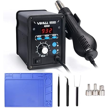 YIHUA 959D-Digital Hot Air Rework Station, High Power with 3 Memories, Airflow Efficiency, °F /°C Display, Accurate Temp.(212°F~932°F), Brushed Aluminum Panel & Safety Features