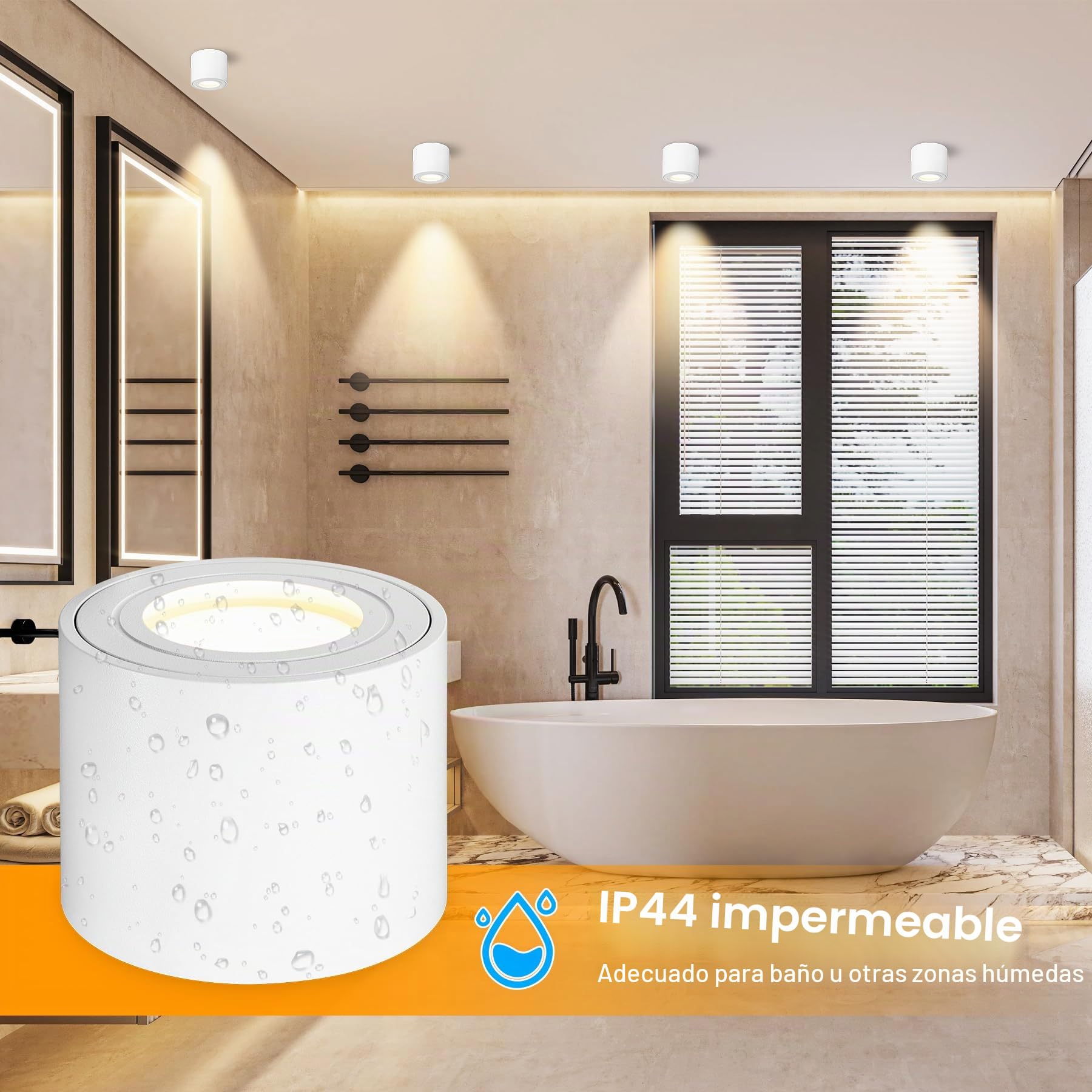 4x Focos LED Interior Techo Blanco, Aplique Techo Interior IP44 Ø80x65mm Plano, Foco 230V Incluye Módulo LED 5W 550LM, 3000K/4000K/6500K Dimmable, Aluminio,Foco para Baño