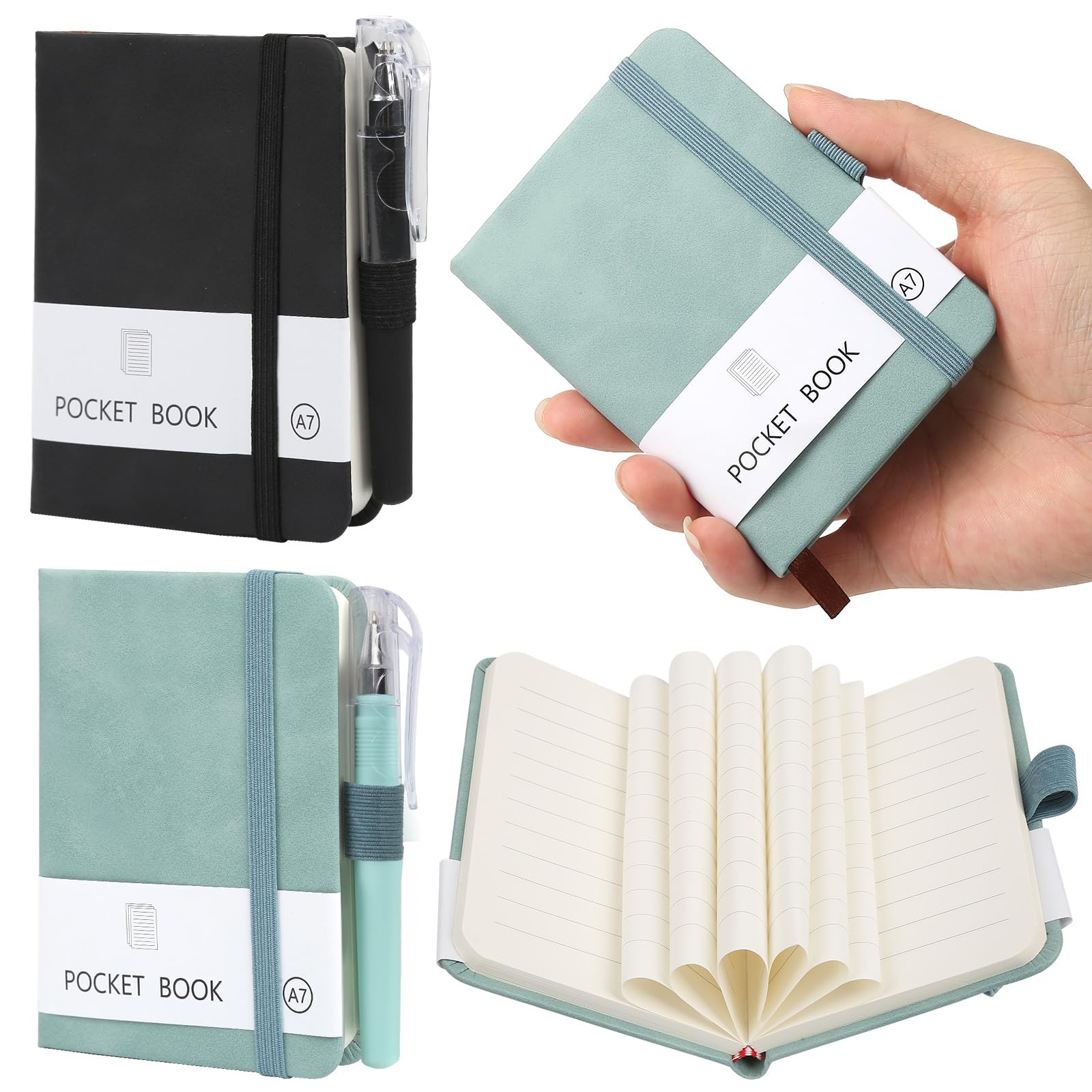HOCUCHELAND 2 Pieces Pocket Notebook, Hardcover A7 Notebook with Pen and 200 Pages, Small Notebooks Pocket Size with Elastic Closure Band and Pen Holder, Mini Notepads for Travel Journal Work