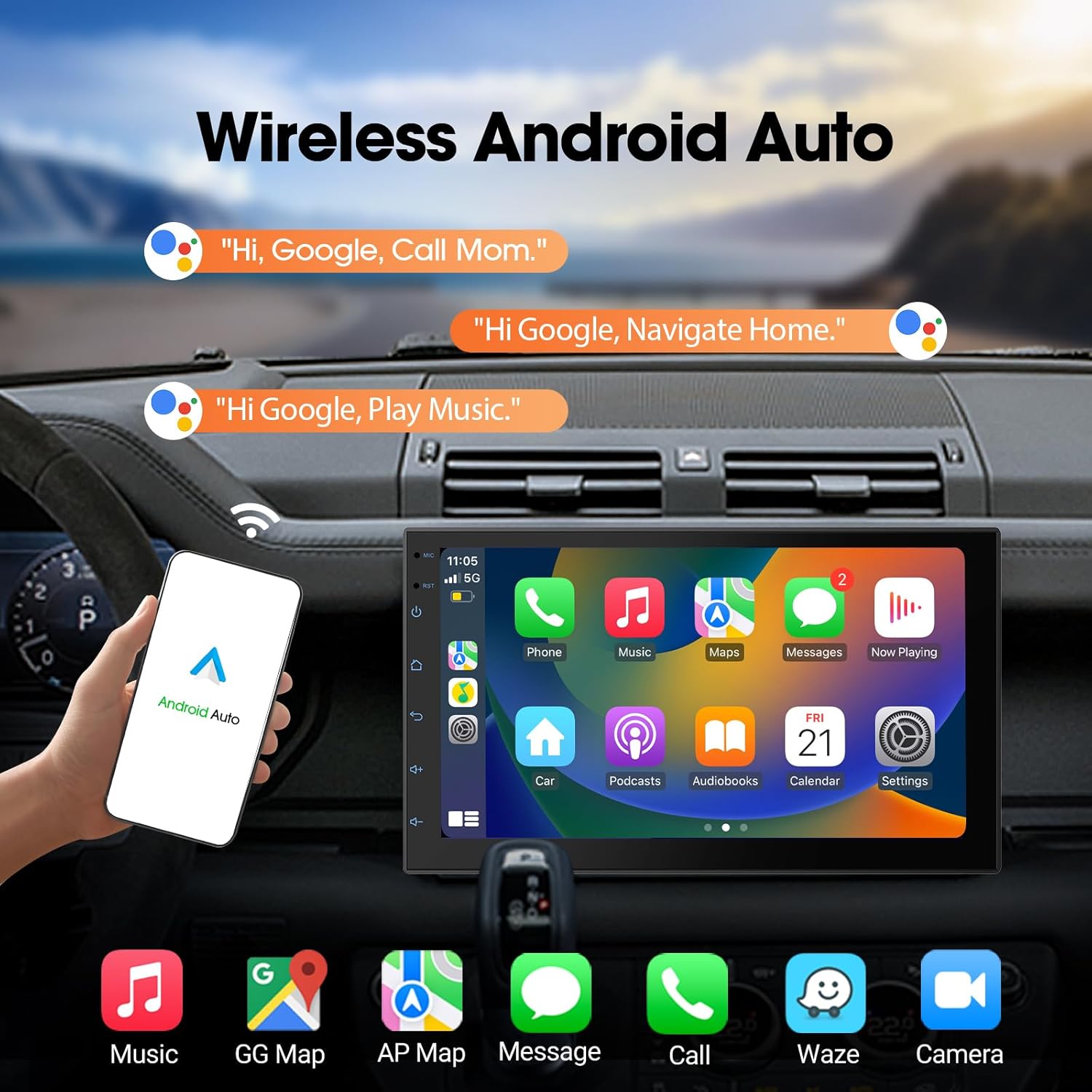 7" Double Din Car Stereo with Wireless Apple CarPlay & Android Auto, Touchscreen Car Radio with BT 4.1, Backup Camera, Mirror Link, GPS, WiFi, 2+64GB, FM/AM/RDS Radio