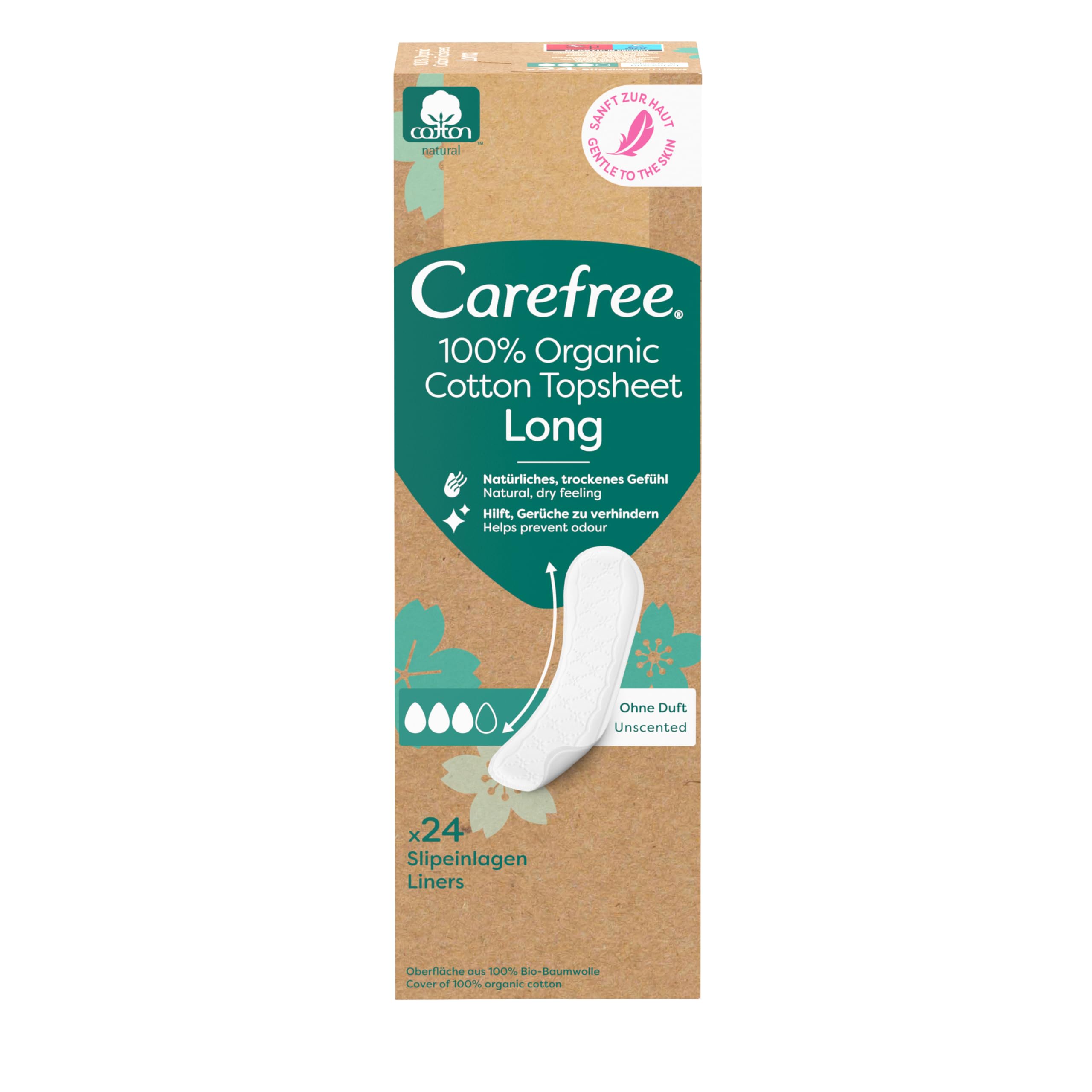 Carefree Wkładki higieniczne 100% bawełna organiczna (24 sztuki), ze 100% certyfikowanej bawełny ekologicznej dla naturalnego, suchego uczucia, rozmiar długi