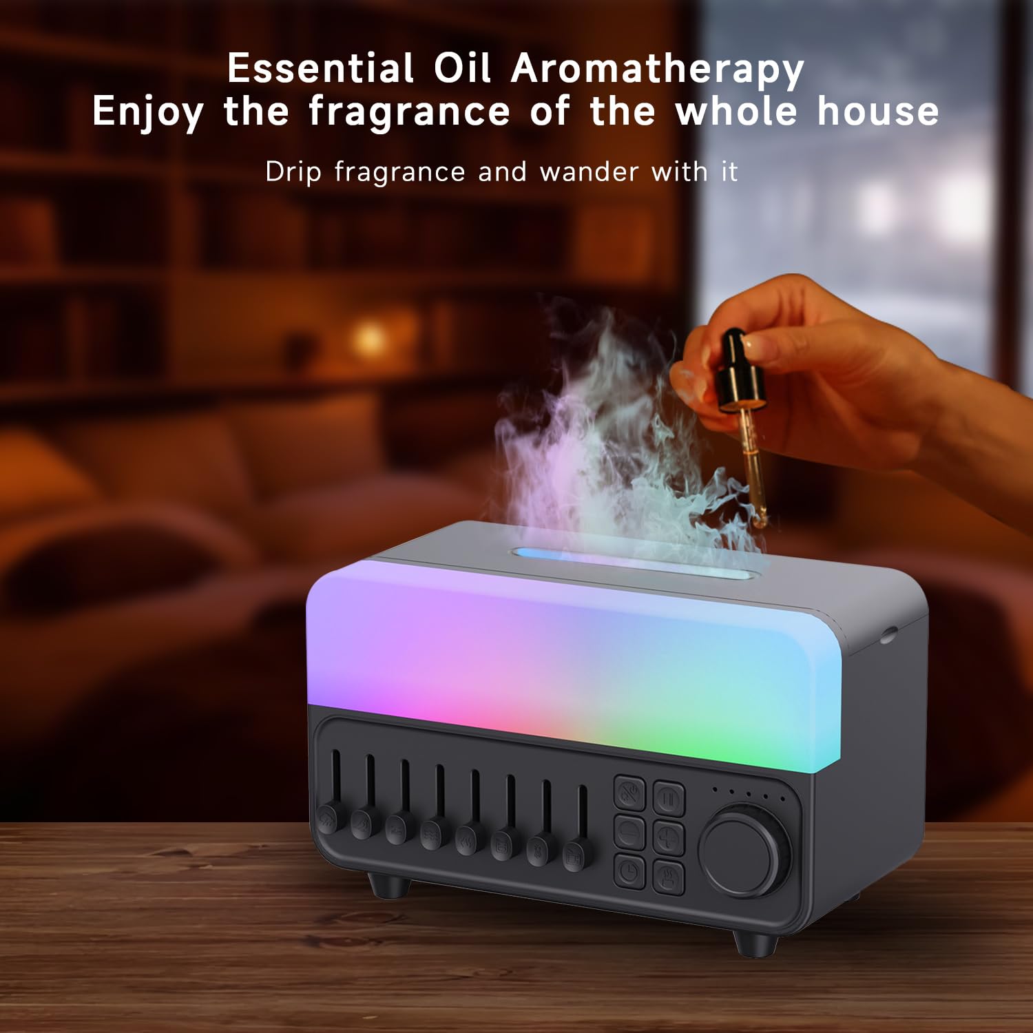 QUMOX A14 Umidificatore con Rumore Bianco, Effetto Fiamma, Speaker Bluetooth e Serbatoio 150ml – Nebulizzazione Ultrasonica, Luce RGB Respirante, Timer 5 Ore, per Camera da Letto e Ufficio Nero