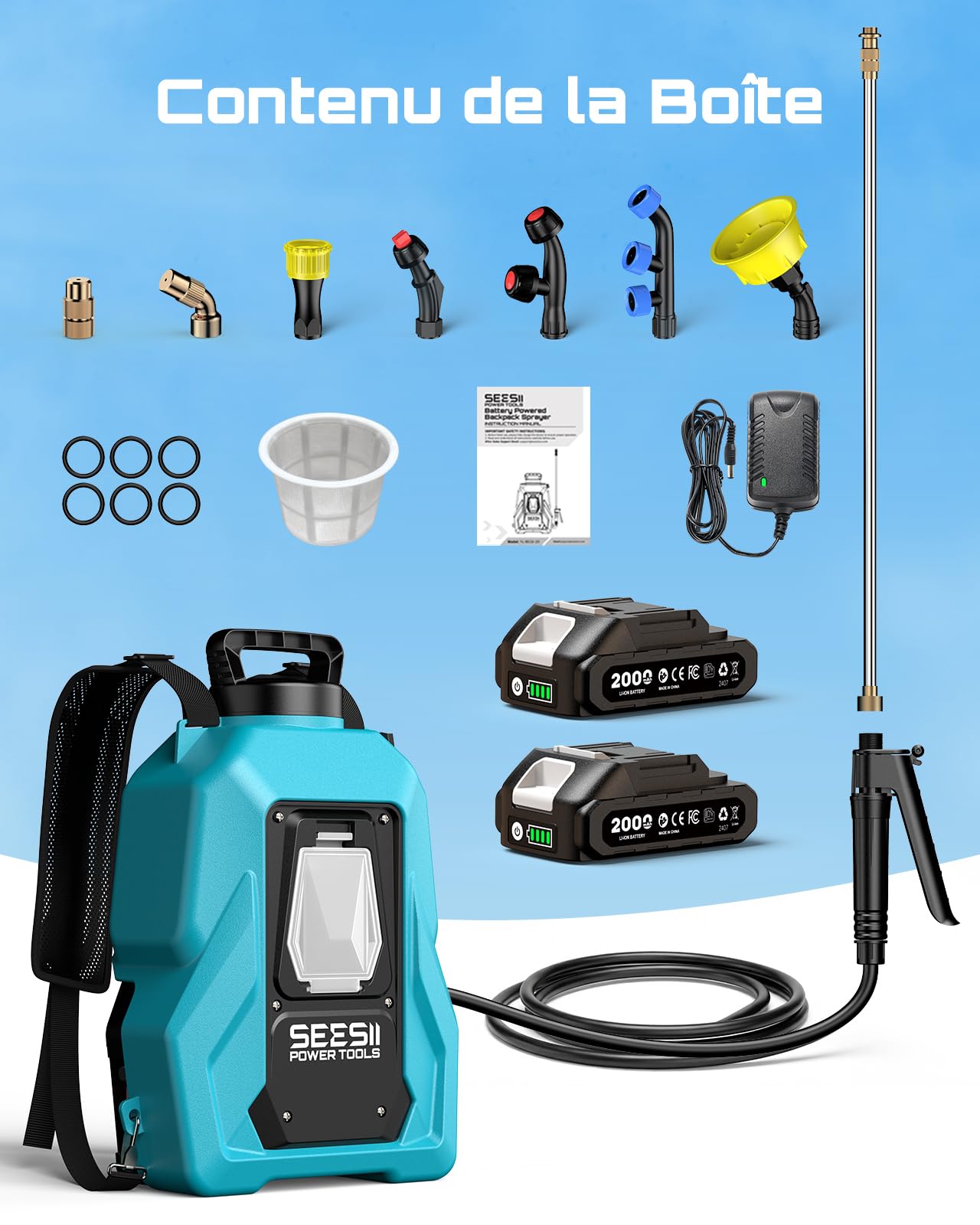 SEESII Pulvérisateur Electrique à Dos 19L avec Double Batterie, 3,5 h d’Autonomie, Lance Télescopique en Laiton, 7 Buses, Pression Réglable Jusqu’à 6,9 Bar pour Jardin et Désherbage