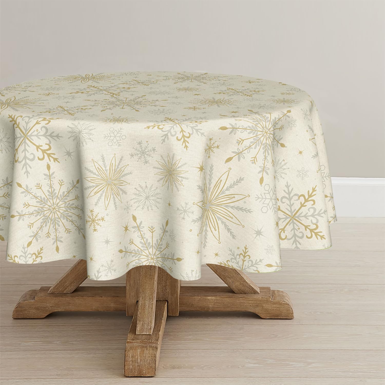 Horaldaily Christmas Tablecloth 90×90 Inch Round, Simple Snow Stick Figure Beige Washable Table Cover for Party Picnic Dinner Decor