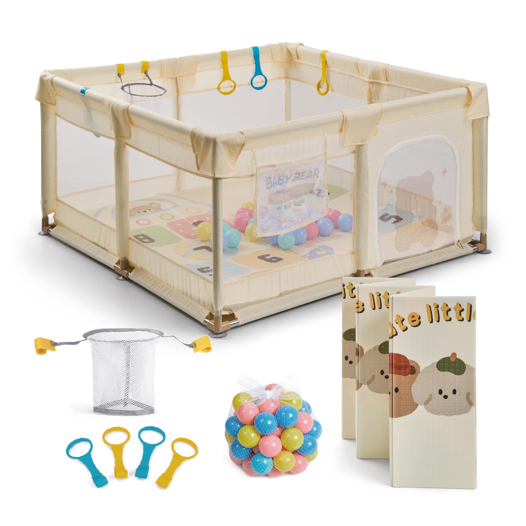 Buddy Baby Park - Parc Enfant Bébé 120x120cm + Tapis + Poignées + Panier + Boules – Parc de Jeu Bébé avec Maille Respirante – Parc de Jeux Bébé Pliable avec Porte Latérale (Vanille)