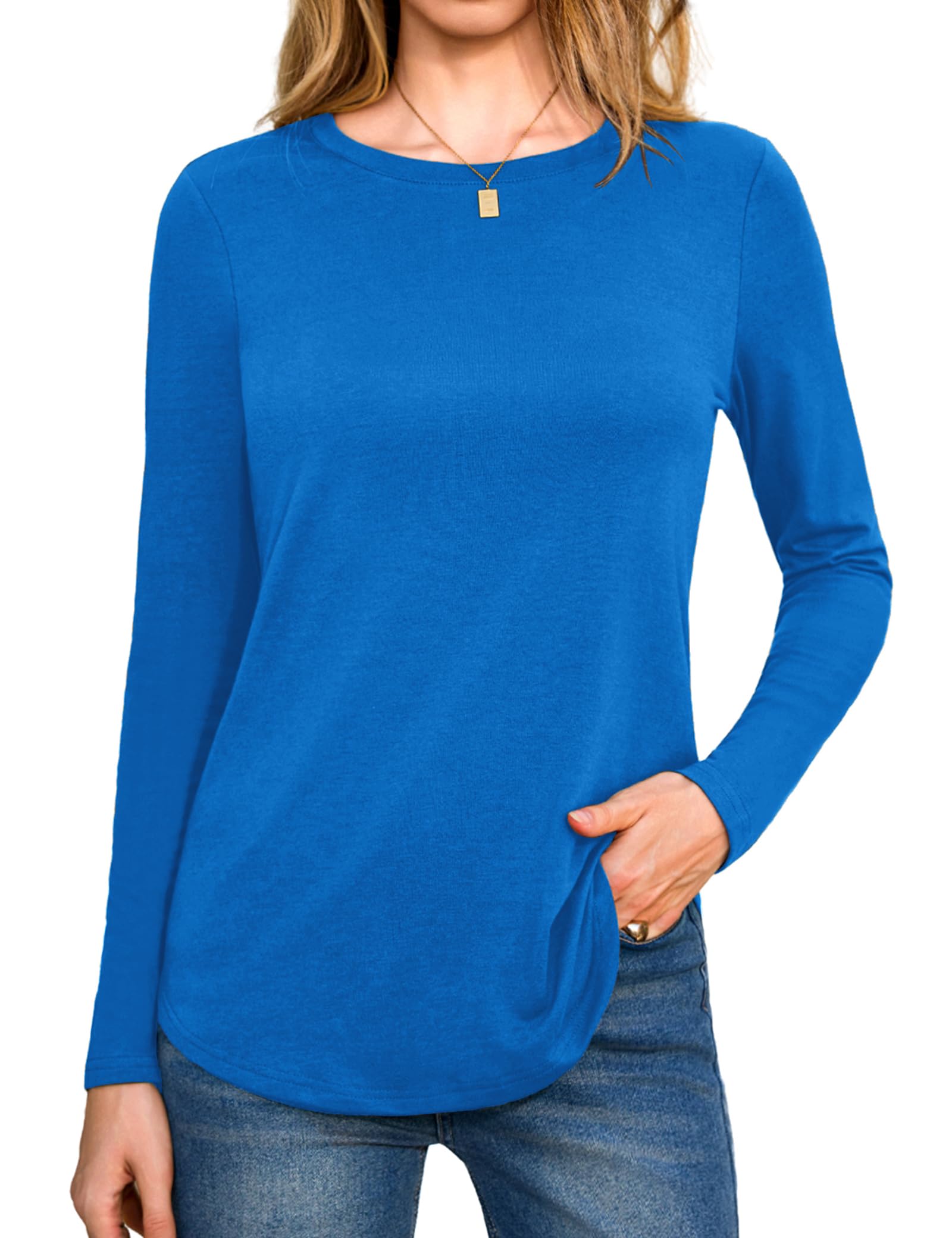 Aottori Langarmshirt Damen Rundhals Oberteile Langarm Shirt Elegant Lose Baumwolle Longshirt T-Shirt Pullover Einfarbig Basic Top Frühling Herbst