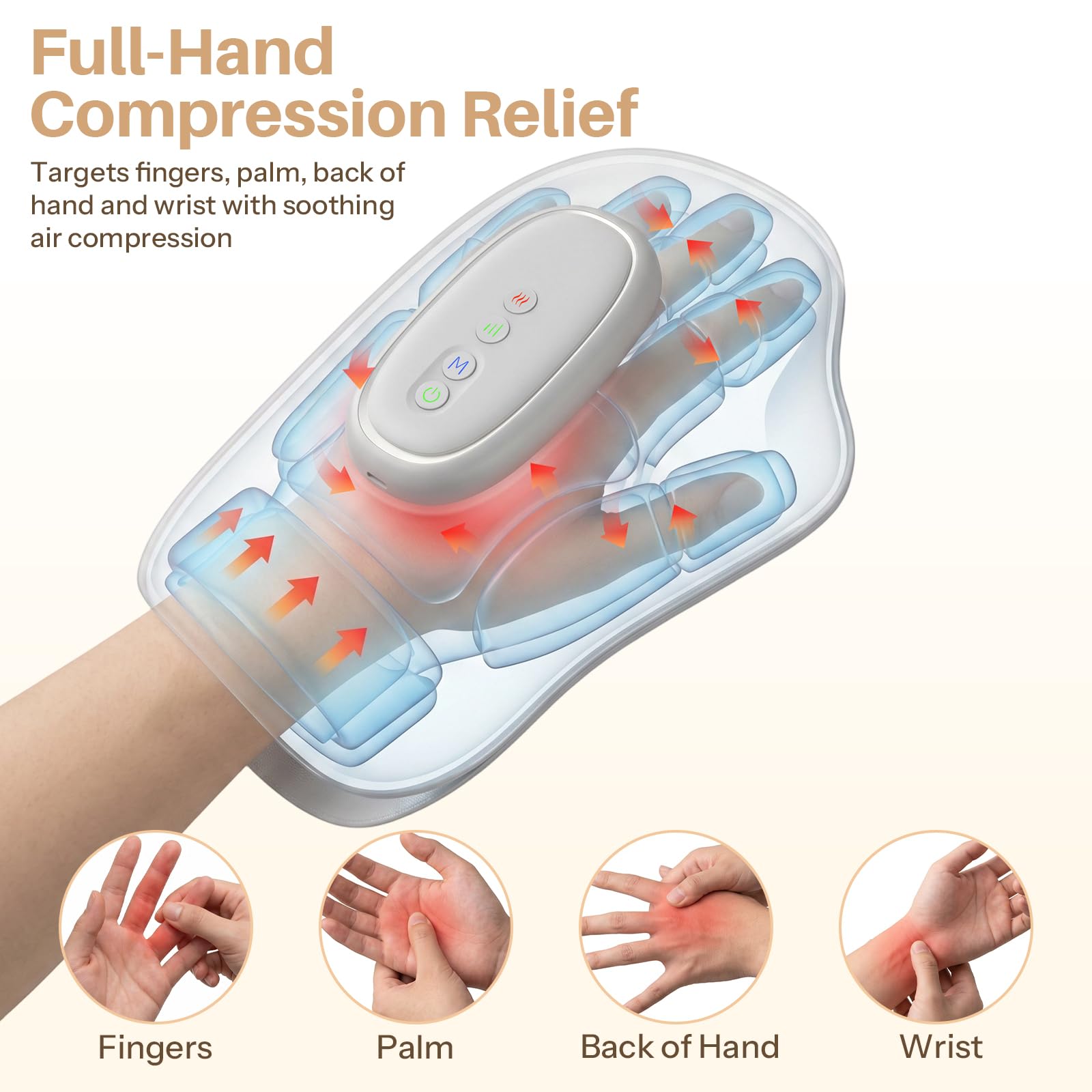 Elektrisches Handmassagegerät mit Wärme für Karpaltunnel & Arthritis Schmerzlinderung | 8-Zonen-Luftkompression, individuelle Fingerschlitze, weiches PU-Leder, schnurlos & tragbar, Geschenke für Männer und Frauen