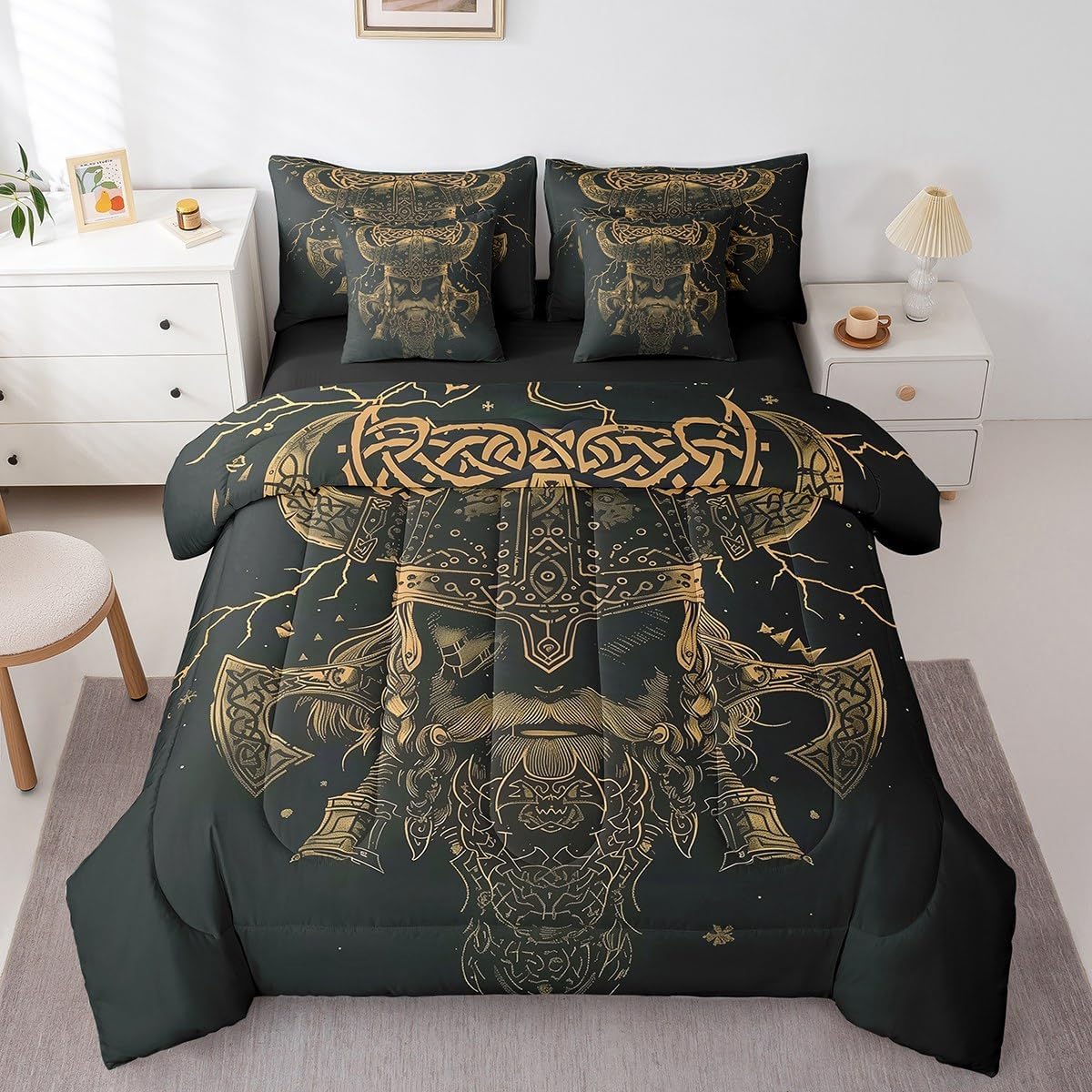 Erosebridal Viking Bedding Set 7 Pieces Brown Exotic Style Comforter Set Vintage Tribe Bed in A Bag Full for Adults Teens Men Scandinavian Print Sheet Set with Comforter for Room
