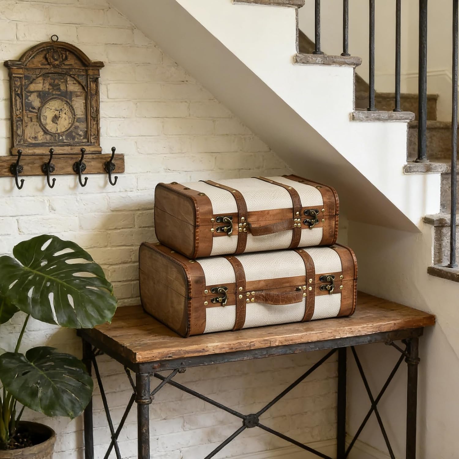 Wooden Vintage Suitcases Set - 2 Sizes, Antique Decorative Storage Chests with Lids, Retro Travel Trunks for Home Décor, Beige - Image 7