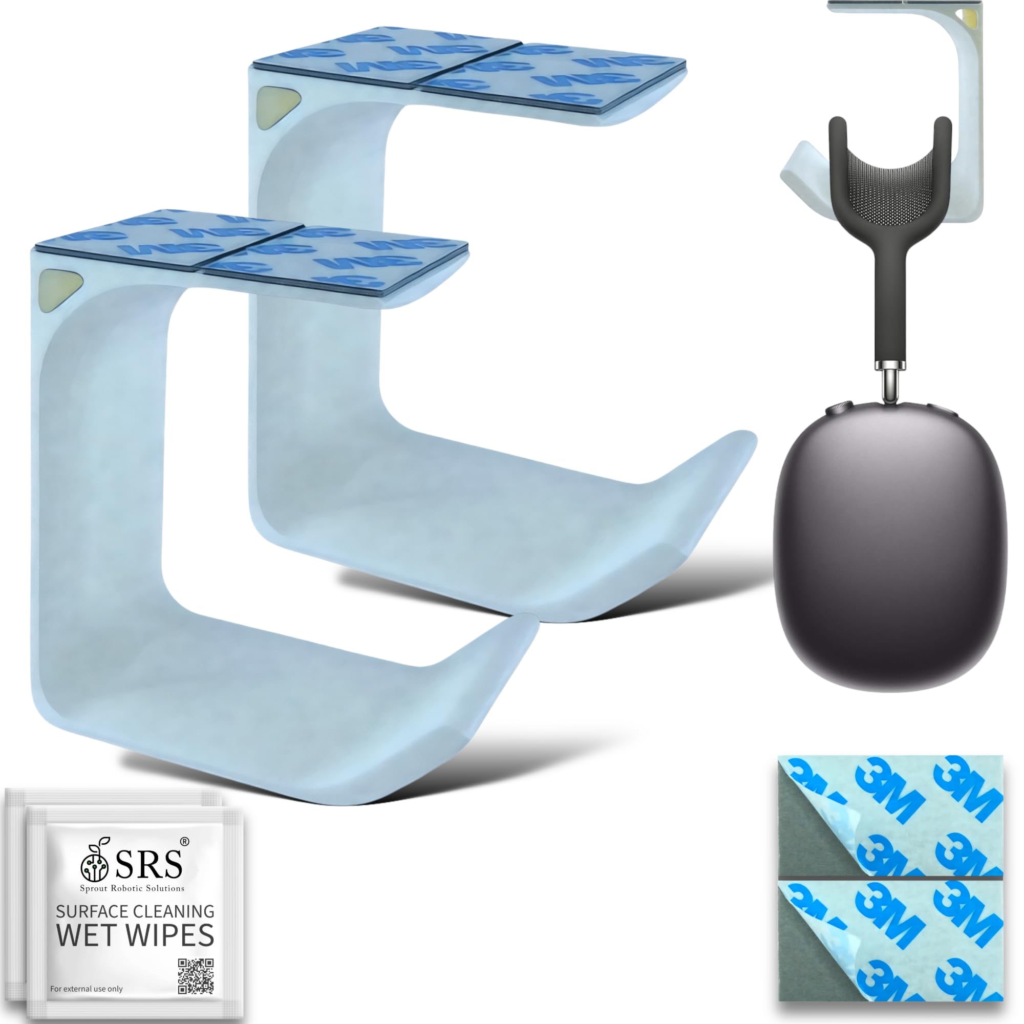 SRS® Headphone Stand Holder | Under Desk Hook & Cable Organizer | Stick-On Adhesive | Superior-Grade ABS | Includes Surface Cleaning Wipes for Easy Setup & Organization (White, Pack of 2)