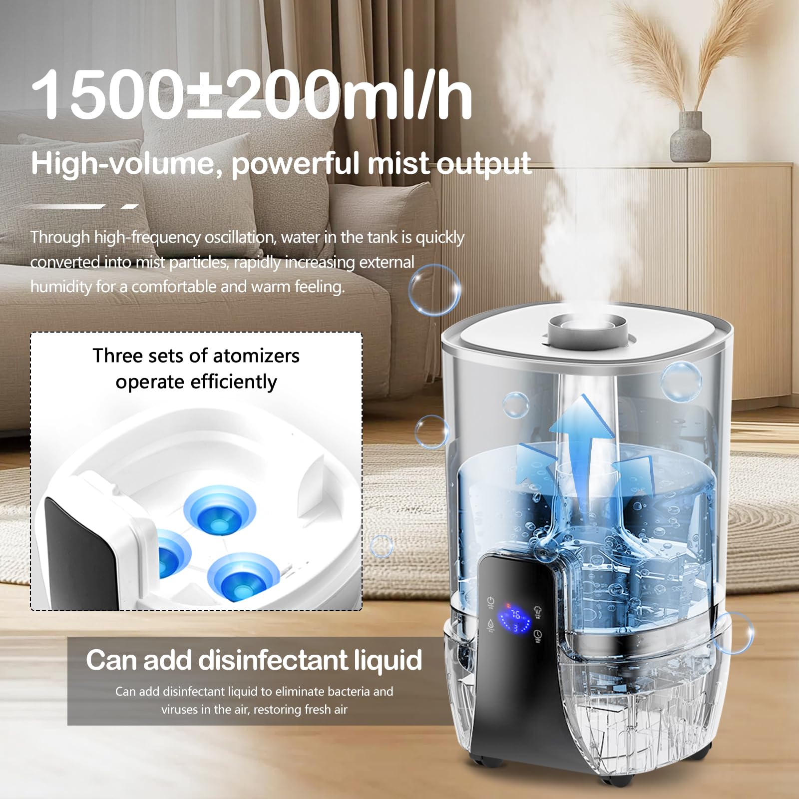 Umidificatore 15L, Multifunzionale Umidificatore Piante 1500ML/H Diffusori Ambiente Automatico 75W con Ugello Dritto Ugello Angolato e Ugello a Quattro Testine per Grow Tent Supermercati