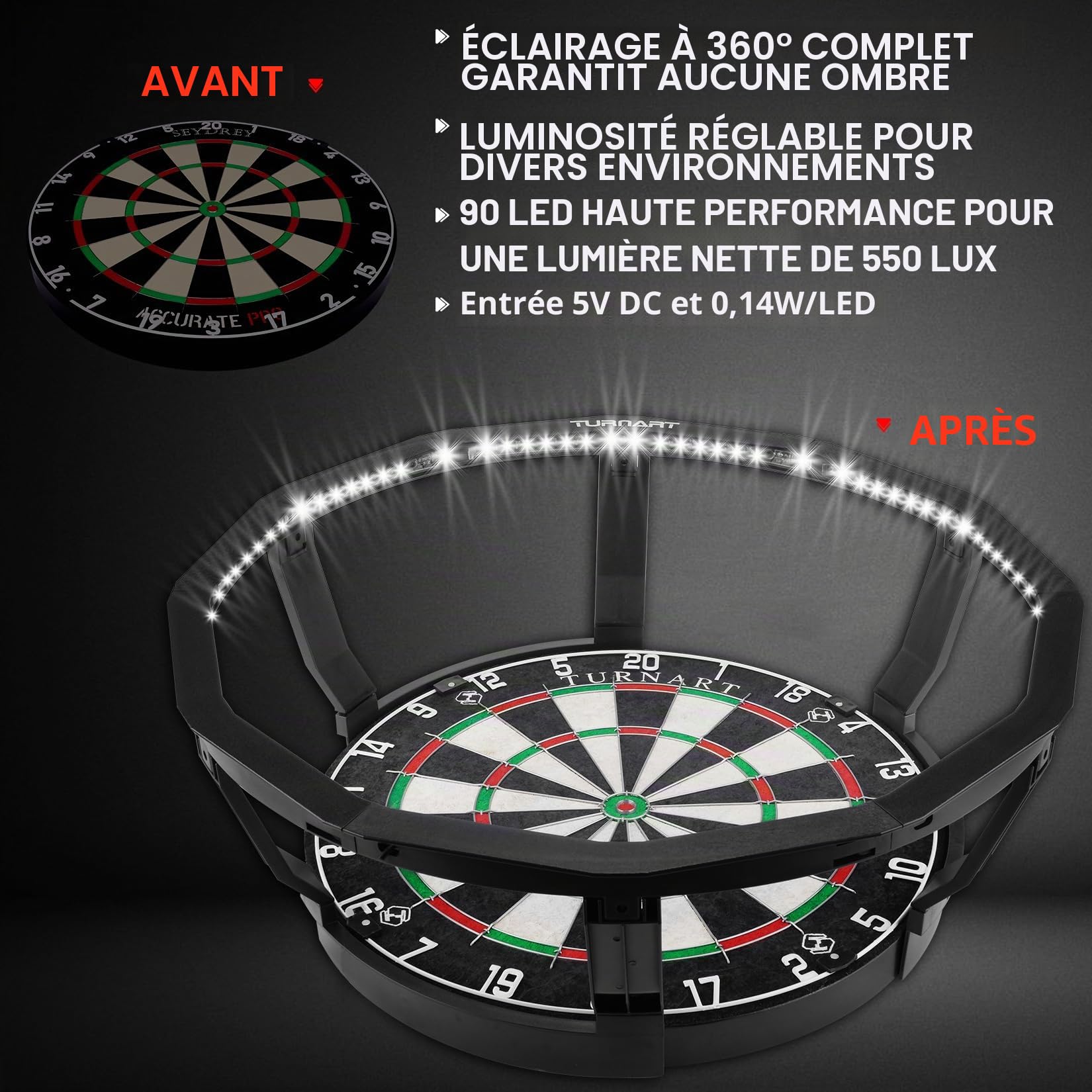 Turnart Cible de fléchettes - Éclairage 360° - Pour cible en acier - 90 LED - Noir - Polypropylène (PP) - Pour salon ou bar