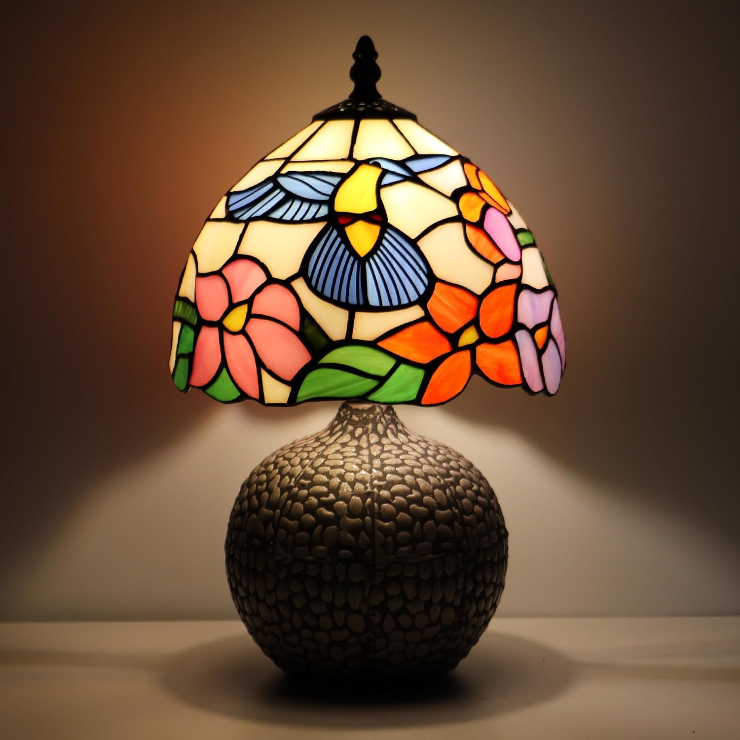 Small Tiffany Mushroom Table Lamp Stained Glass Desk Lamps Ceramic Base Antique Light 8X8X13.5 Inch (Blue Hummingbird)