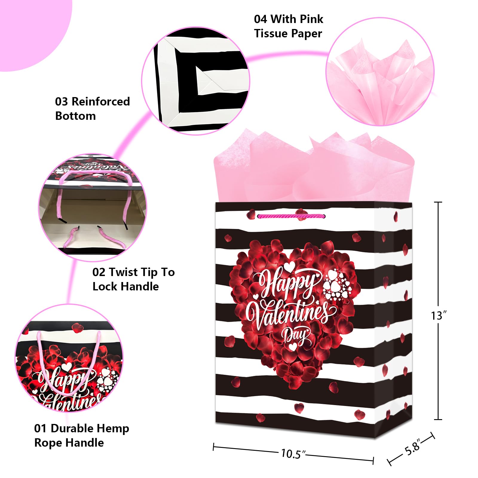 GMEMNOV Happy Valentines Day Gift Bag - 13" Large Valentines Bag with Tissue Paper & Handles, Valentine's Gift Bags for Her Him, Girlfriend Boyfriend, Wife Husband, Women Men Party & Celebrations