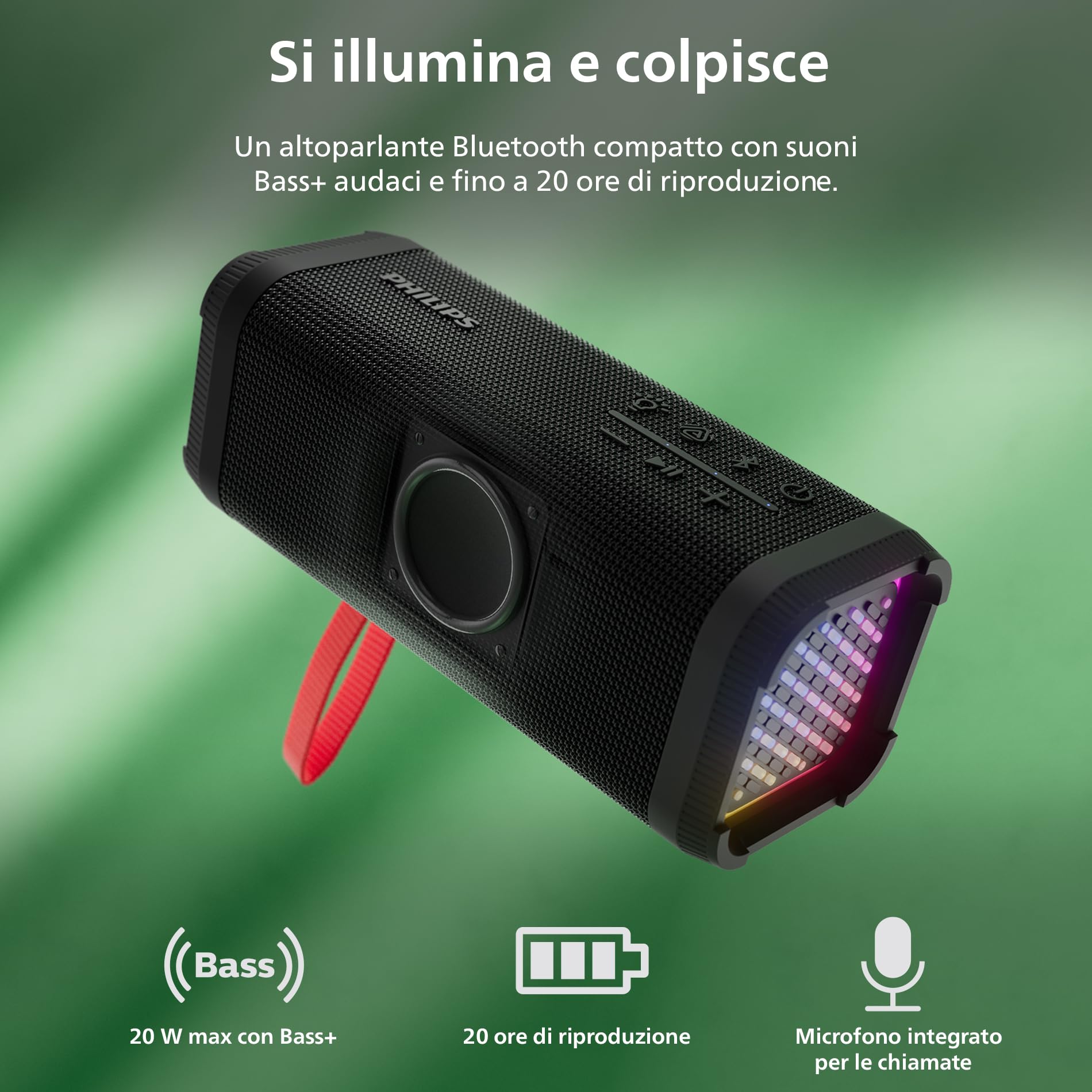 Philips TAS2000B Altoparlante wireless Bluetooth con spettacolo di luci LED, 20 W Bass+, Auracast, 20H di riproduzione, Impermeabilità IPX5, Riproduzione USB, Microfono, Controllo app – Nero