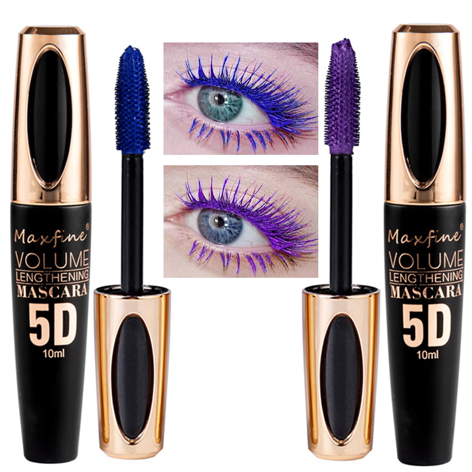 Blue+Purple Mascara,5D Silk Fiber Eyelash Volume with Soft Brush