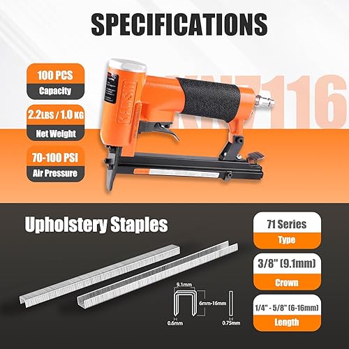 Miniatura 4 de KN7116 - Grapadora neumática de tapicería de calibre 22, corona de 38 pulgadas, longitud de pierna de 14 a 58 pulgadas, grapadora de alambre fino