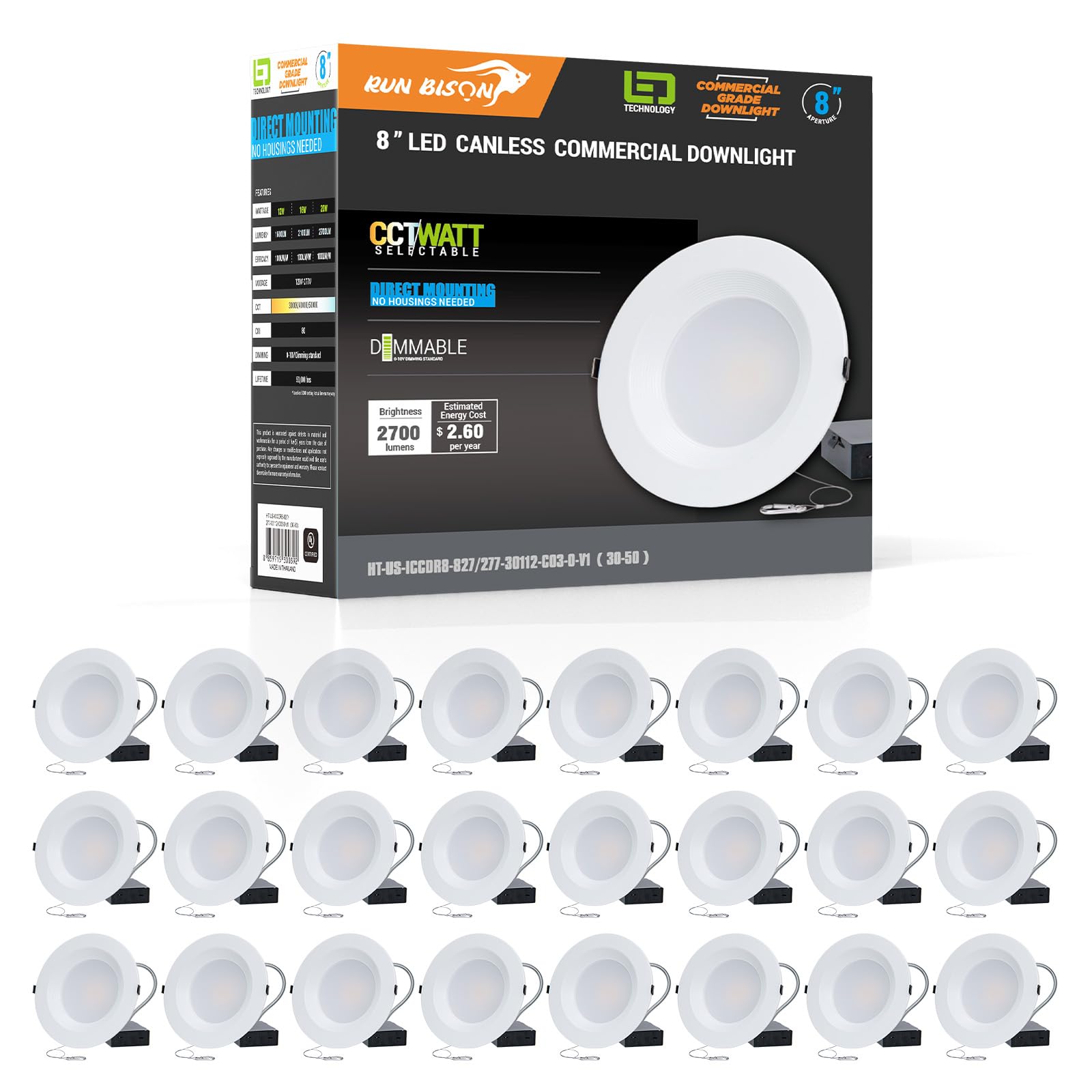 Run Bison 8 Inch Recessed LED Commercial Downlight with J-Box, Wattage Adjustable 16/21/27W,3 Color Selectable 3000K-5000K, 120-277V,0-10V Dimmable,