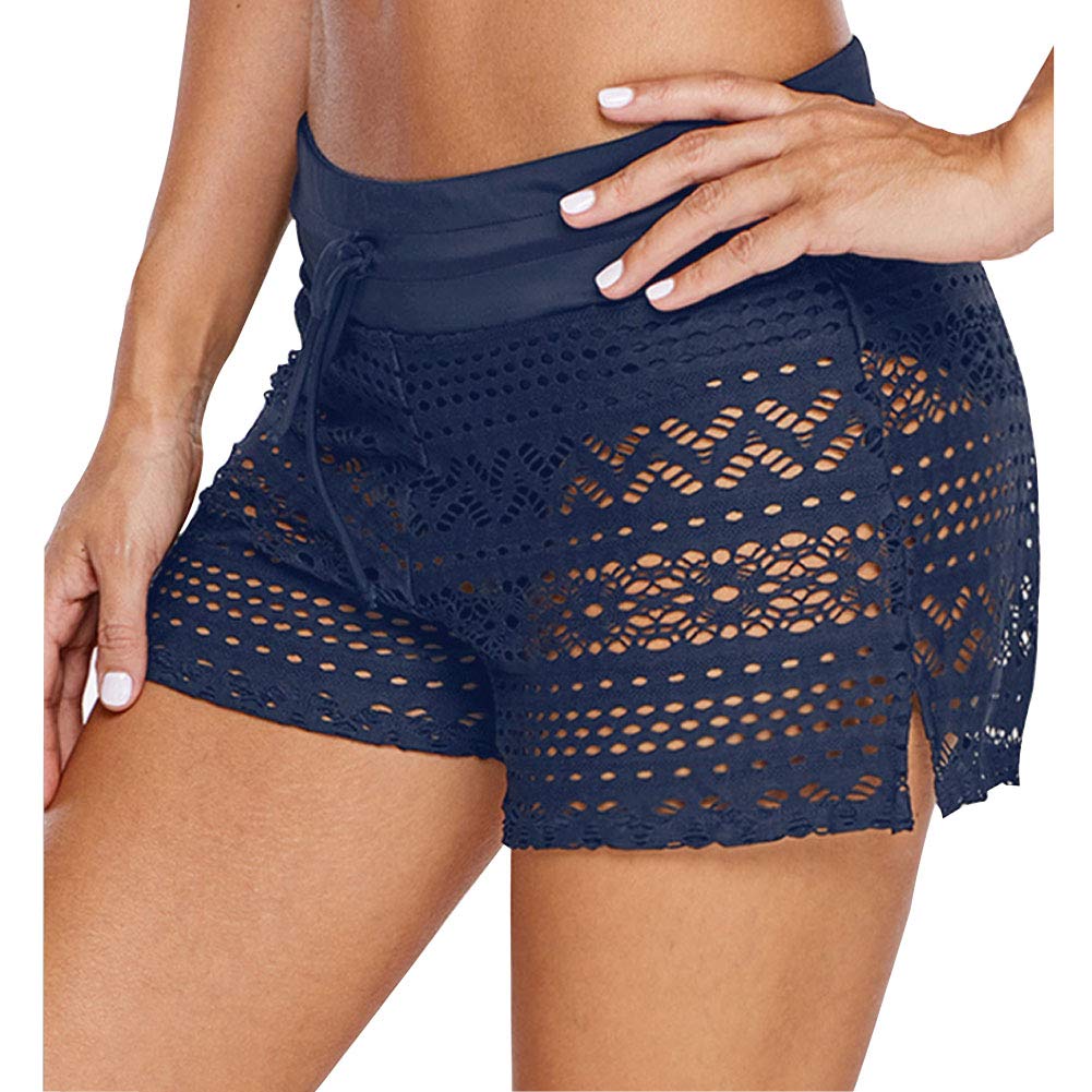 LroHan Women's Lace Crochet Bikini Bottom Mid-Waist Tankini Swimswear Shorts Beach Panty