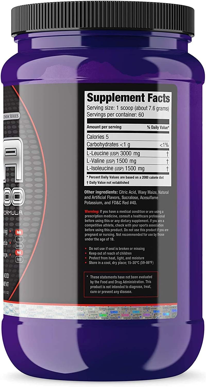 Ultimate Nutrition Flavored BCAA Powder 12000 Branched Chain Post Workout Amino Acid Supplement, Caffeine-Free with 3g Leucine 1.5g Valine 1.5g Isoleucine- Fruit Punch, 60 Servings
